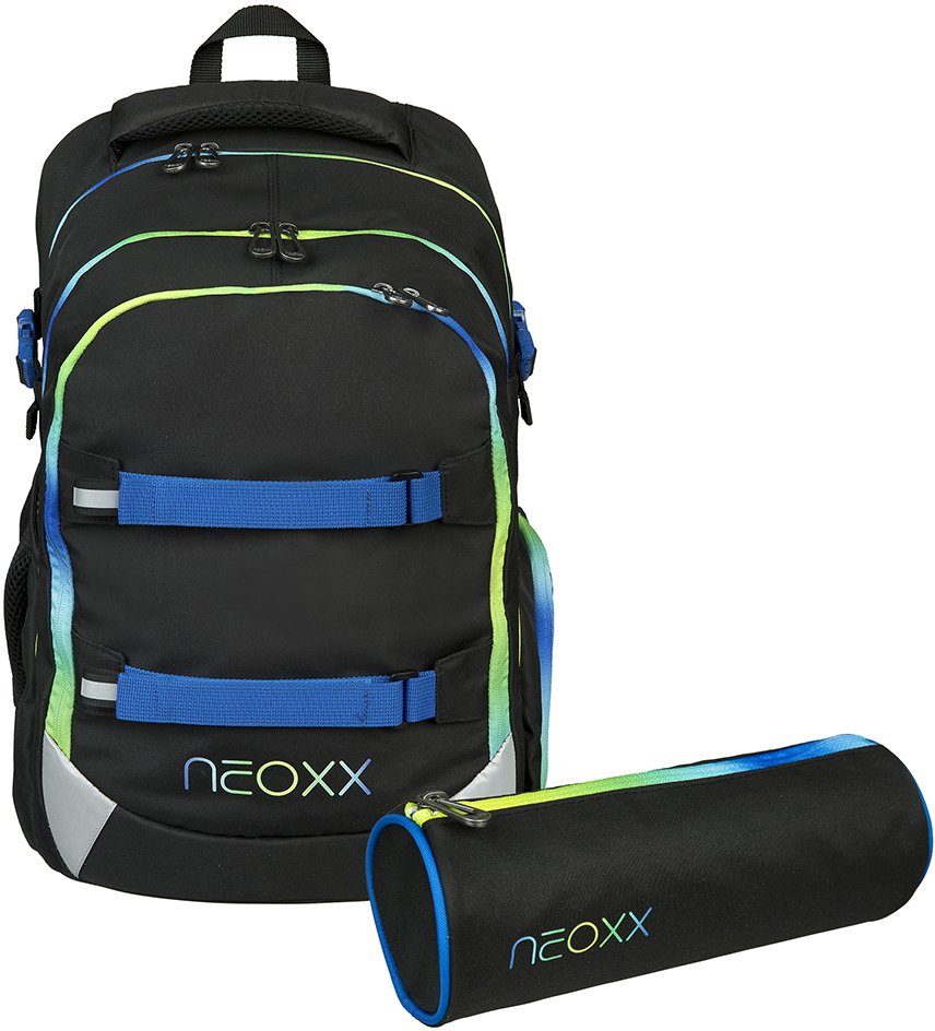 neoxx Schulrucksack Active, aus an Vorderseite inklusive der recycelten den Sichtbarkeit PET-Flaschen; (Set), Neon Reflektorflächen Schlamperetui, durch Flash Gute und Trägern