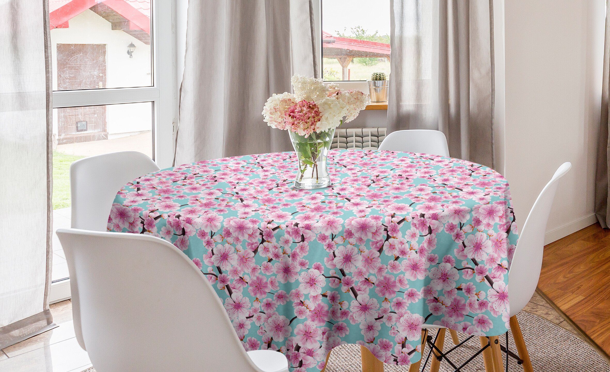 Abakuhaus Tischdecke Kreis Tischdecke Abdeckung für Esszimmer Küche Dekoration, Kirschblüte Kwanzan Baum