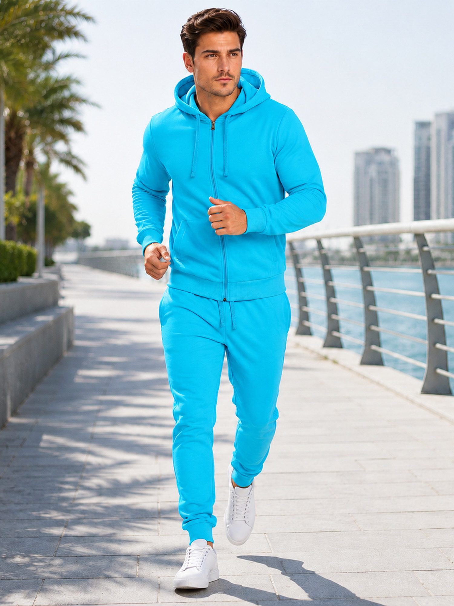 L.gonline Freizeitanzug Herren Jogginganzug einfarbig 100% BW 586 Türkis XL (Kapuzenjacke mit Reißverschluss, Hose, 2-tlg), Fitness Freizeit Casual – Bild 5 von 5