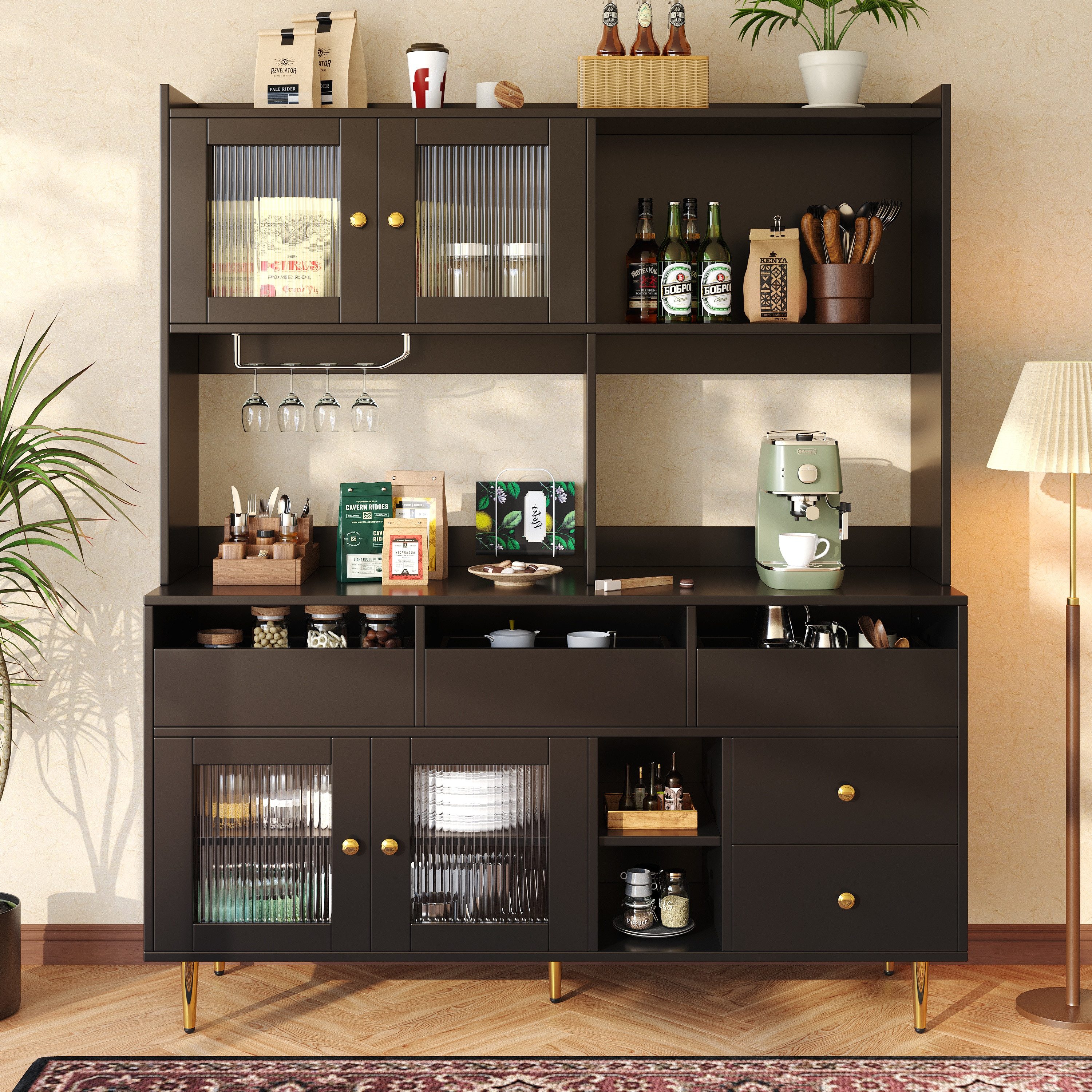 KLAM HOME Hochschrank moderne Restaurant-Hochschrank (145x39x171cm)mit Changhong-Glastür (mit Weinglasregal, mehrschichtigem Stauraum) Holzstruktur und Golddekoration, geeignet für Restaurants
