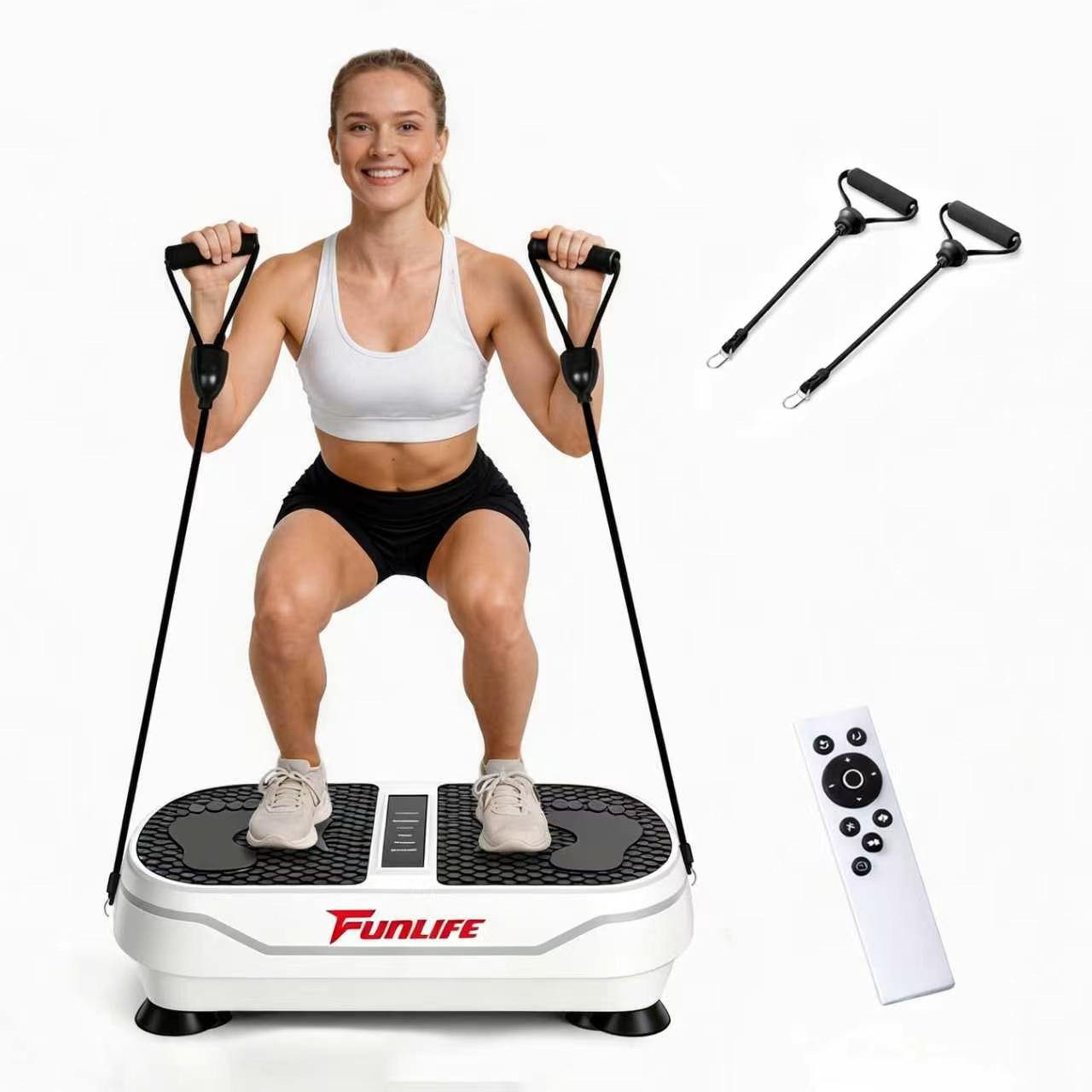 FunLife Vibrationsplatte Bluetooth-Musik & 5 Trainingsprogramme, 200 W, 120 Intensitätsstufen, (Einzelgerät, Ganzkörpertraining), Fernbedienung · Trainingsbänder inklusive