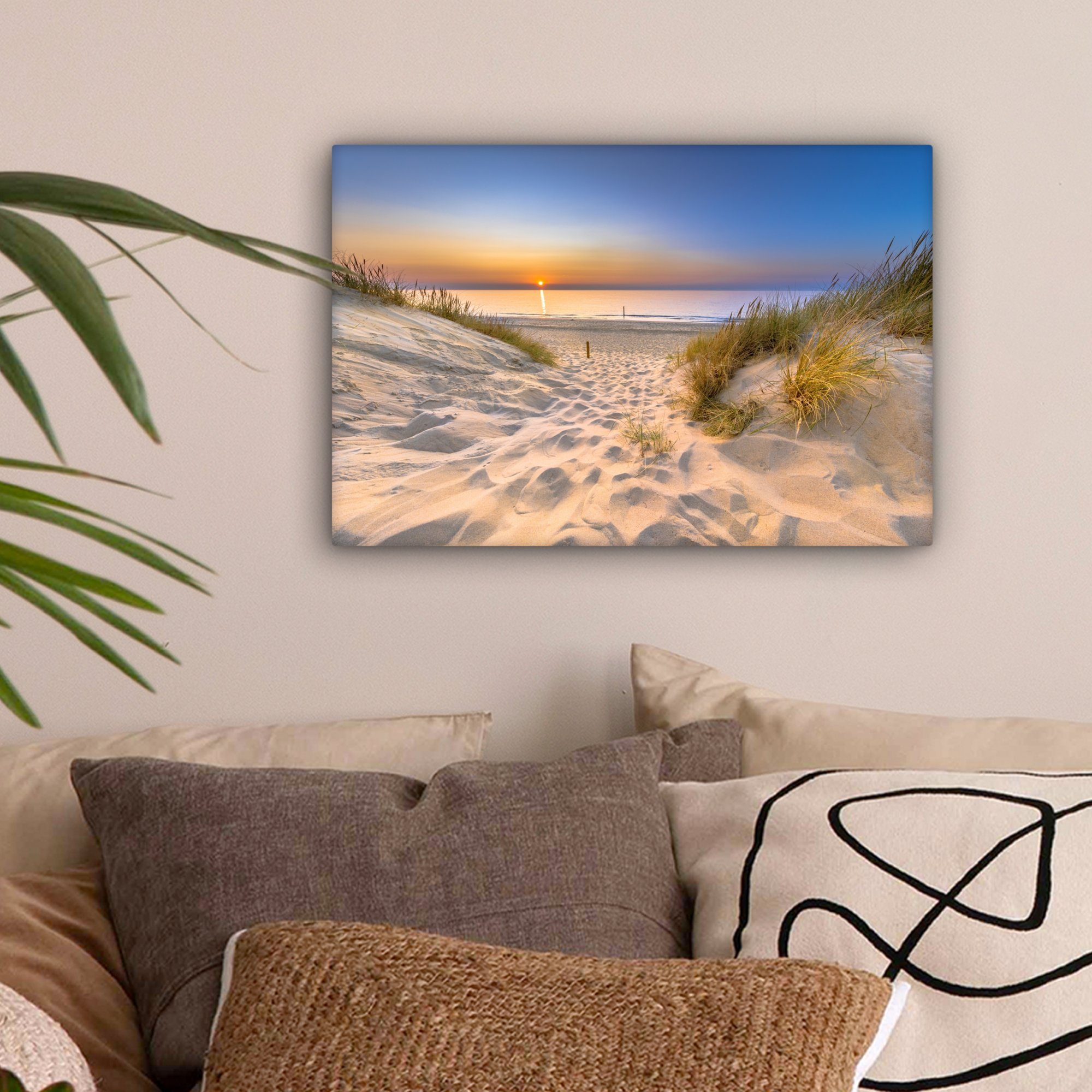 OneMillionCanvasses® Leinwandbild Düne - Sonnenuntergang - Horizont - Strand - Gras, Fotodruck (1 St), Leinwand Bilder Klein, Wand Dekoration Aesthetic 30x20 cm