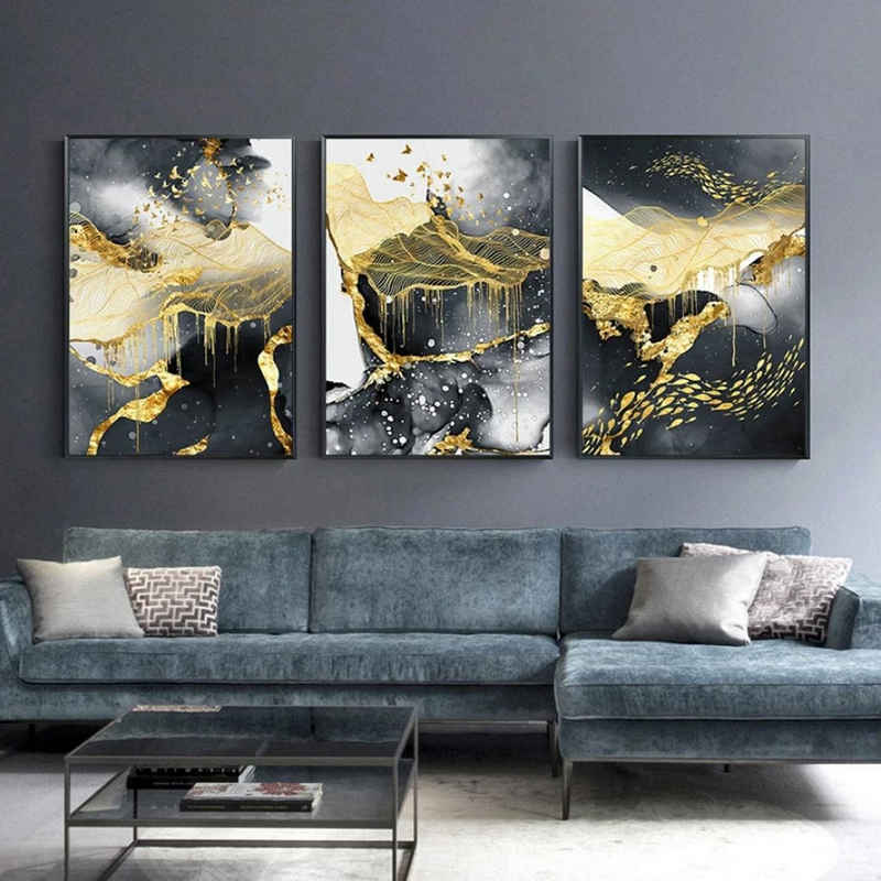 TPFLiving Kunstdruck (OHNE RAHMEN) Poster - Leinwand - Wandbild, Abstrakte Motive - (Einzeln und im günstigen 3-er Set - Wanddeko Wohnzimmer), Farben: Gold, Grau, Schwarz - Größe: 50x70cm