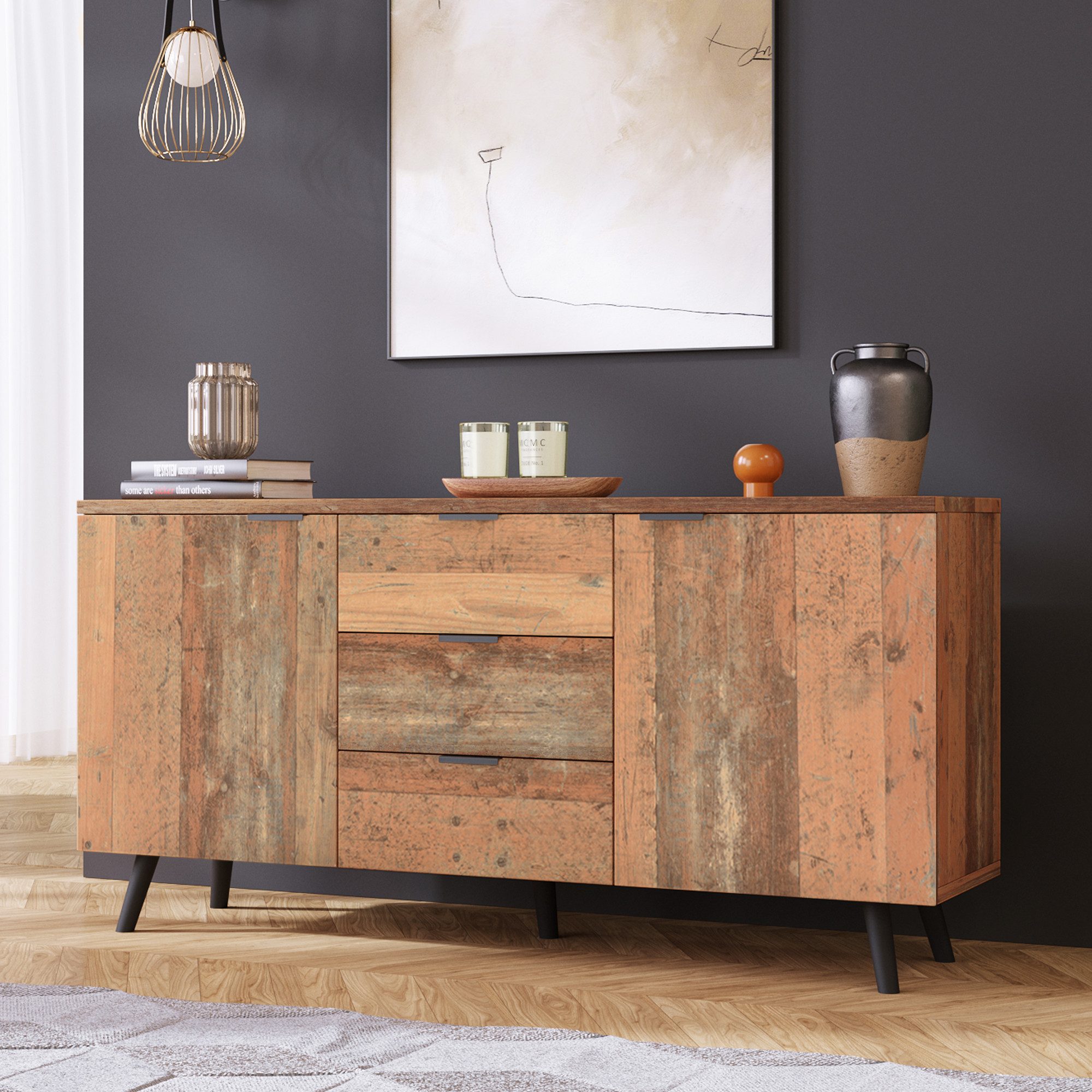 STILVORA Sideboard mit Schubladen,Beistellschrank Aufbewahrungsschrank grifflos mit Regal (Highboard mit verstellbaren Ablagen, mit 3 Schubladen und 2 Türen), Altholz-Optik