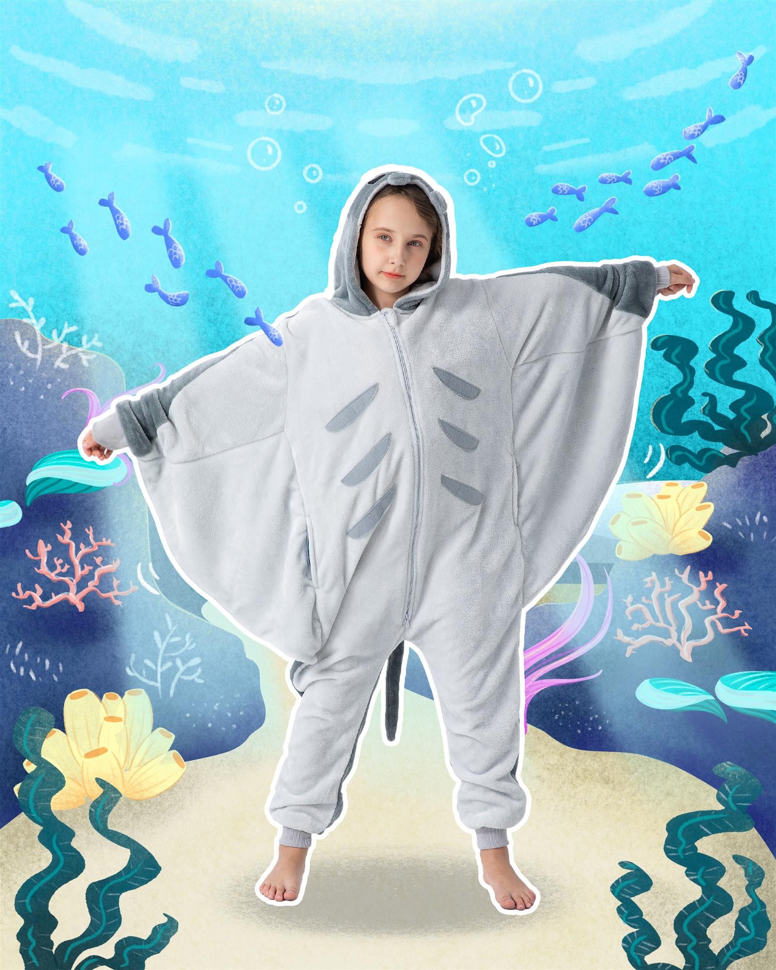 Corimori Jumpsuit Flauschiges Manta Rochen-Kostüm für Kinder,  Karneval Fasching Kostüm (1-tlg) Jumpsuit, Pyjama, Fasching, Kigurumi, Tiere, Manta Rochen "Graham"