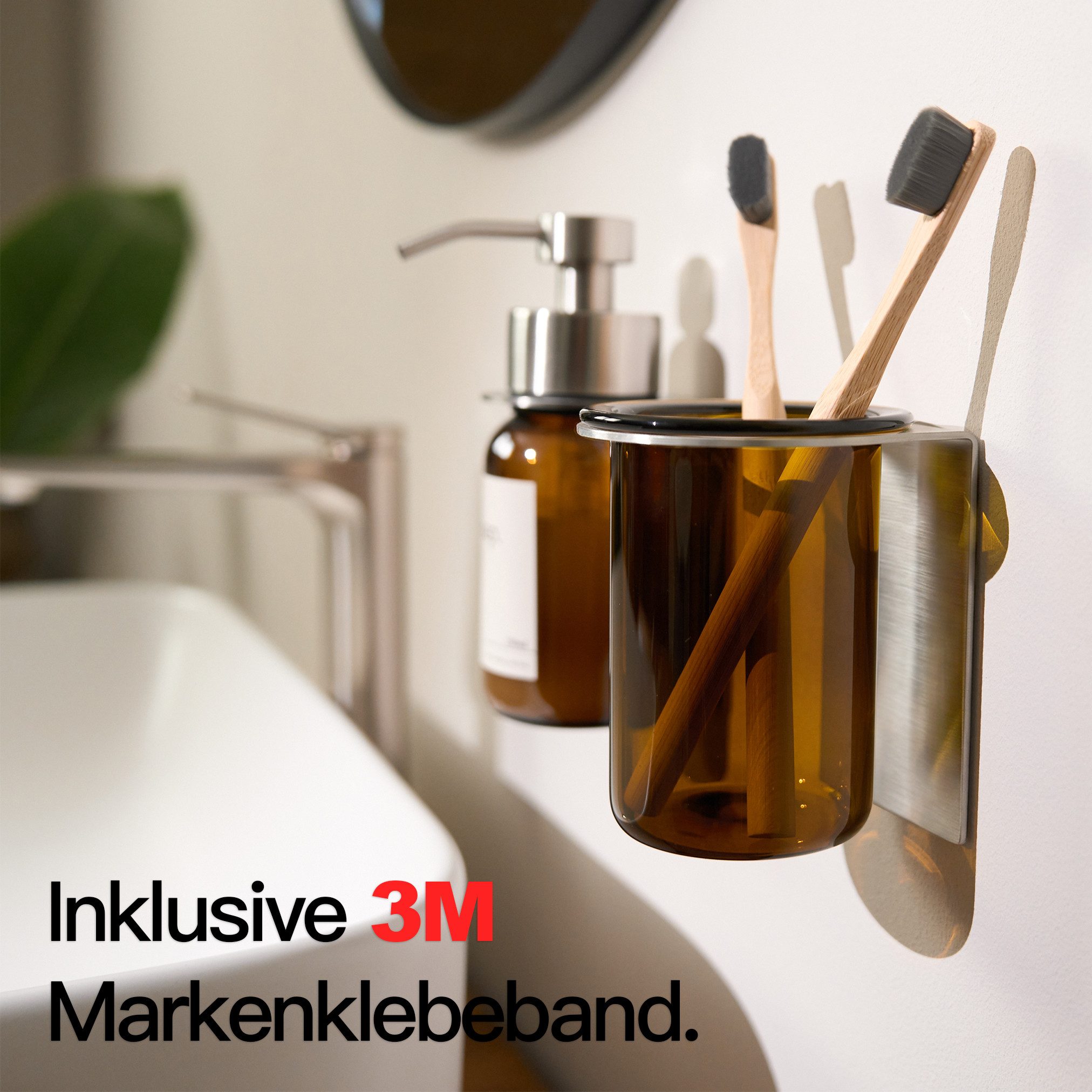 Designfabrik Hamburg Zahnbürstenhalter Glas Wandmontage ohne Bohren, pulverbeschichtet, Glas – Bild 3 von 5