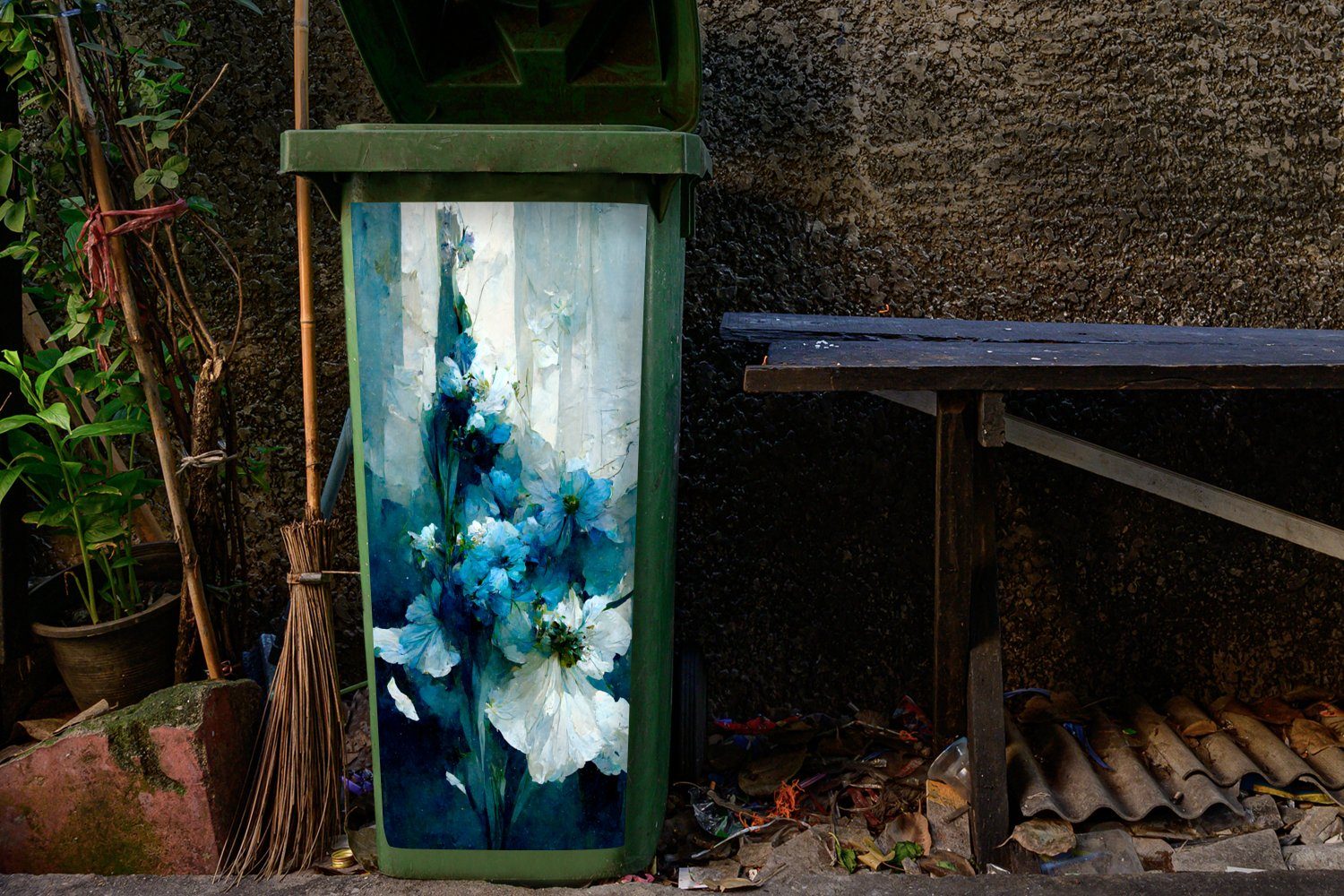 (1 Wandsticker Sticker, Blumen Abfalbehälter Mülleimer-aufkleber, Mülltonne, - Blumenstrauß Blau - MuchoWow St), - Farbe Container,
