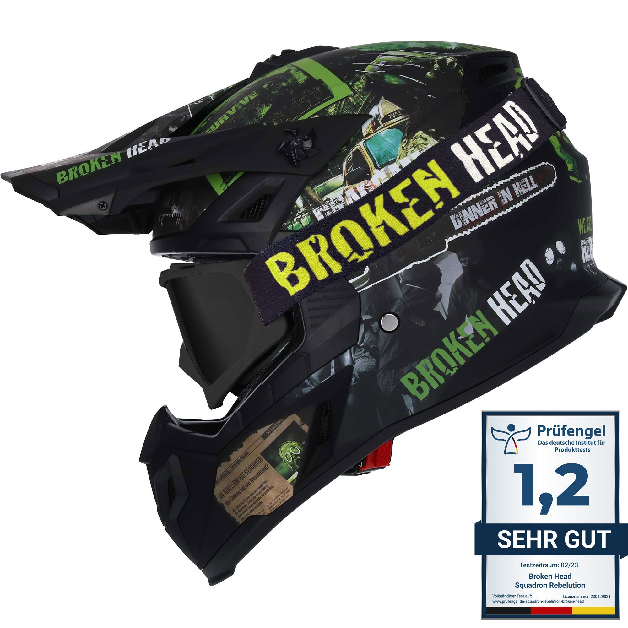 Broken Head Motocrosshelm MX-Resolution Grün (Mit MX-2 Brille Schwarz), Mit zwei Verschlüssen