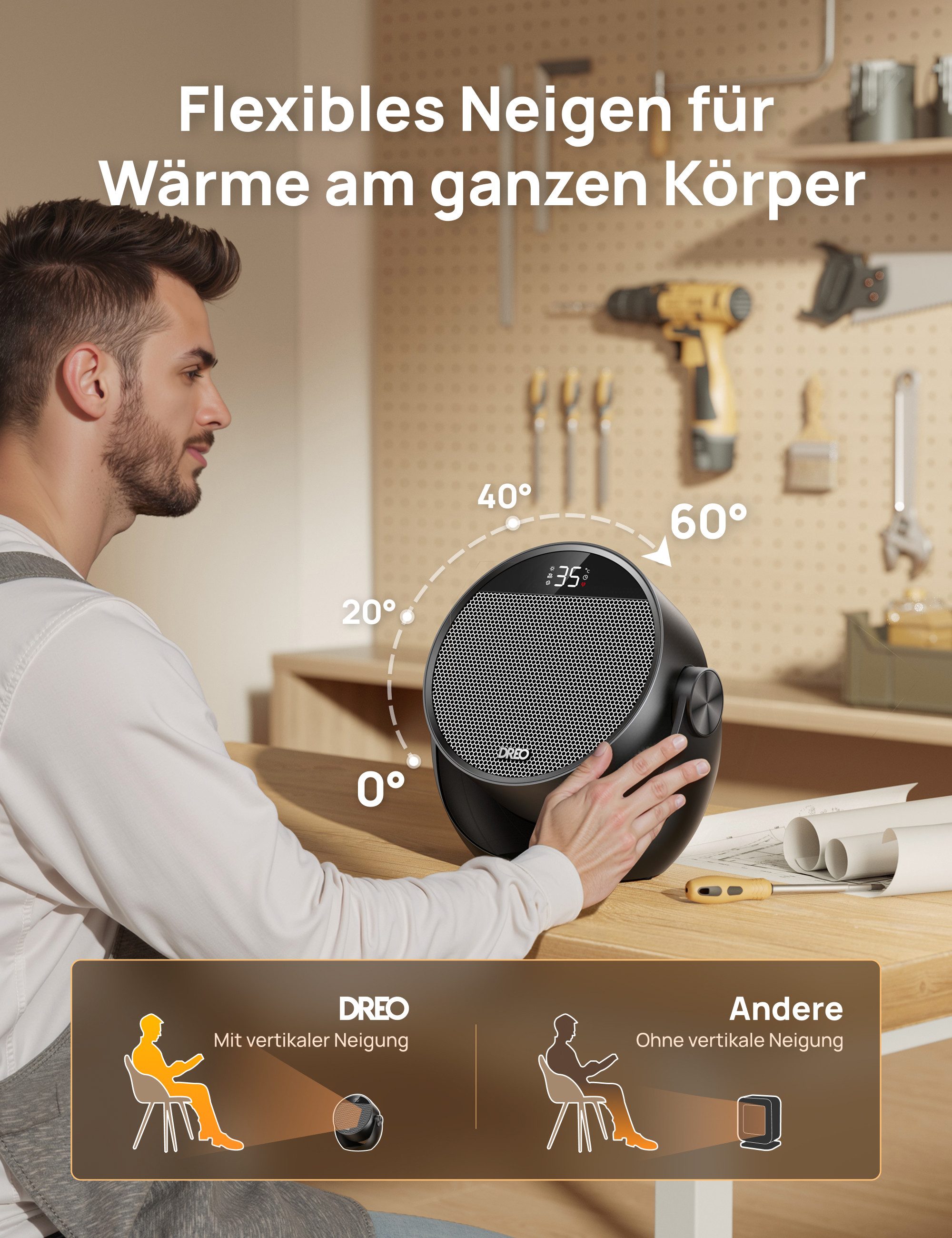 Dreo Heizlüfter Energiesparend, 1500W PTC-Keramik, Fernbedienung, Klein,12-Std-Timer, Leise, Thermostat, 60° neigbar, 8 Sicherheitsfunktionen, 3 Modi – Bild 5 von 5