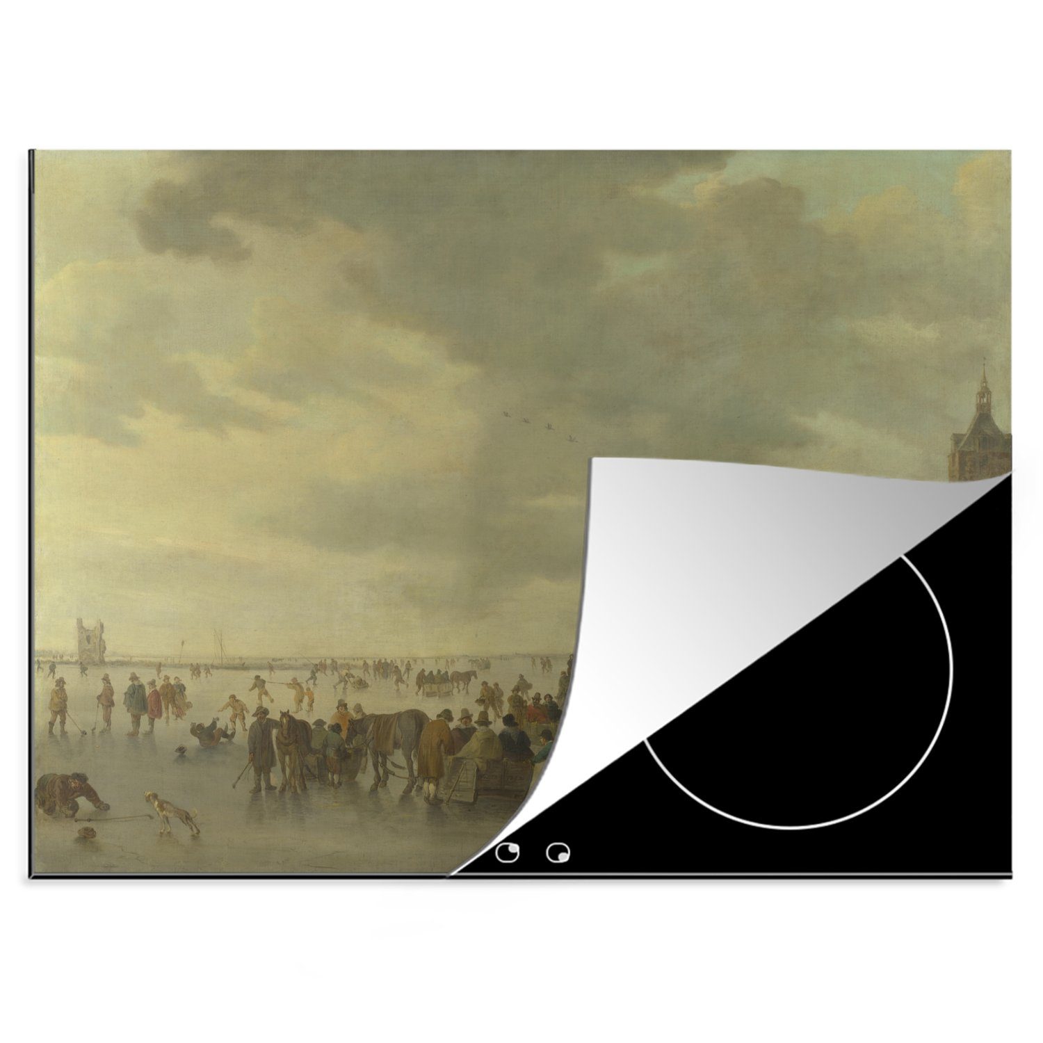MuchoWow Herdblende-/Abdeckplatte Eisansicht mit Schlittschuhläufern auf dem Eis bei Dordrecht - Gemälde, Vinyl, (1 tlg), 70x52 cm, Mobile Arbeitsfläche nutzbar, Ceranfeldabdeckung
