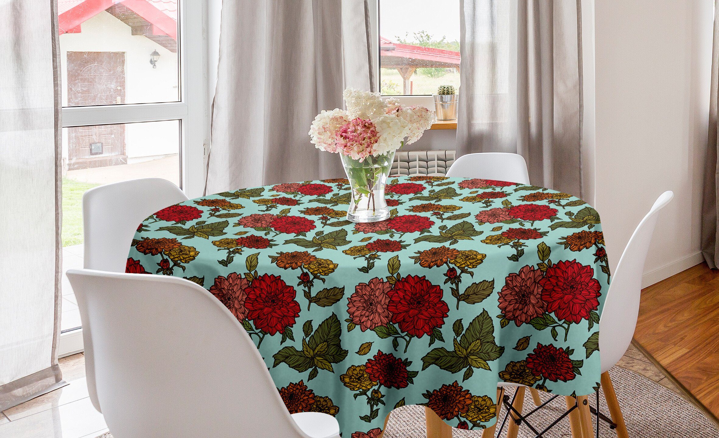 Abakuhaus Tischdecke Kreis Tischdecke Abdeckung für Esszimmer Küche Dekoration, Blumen Detaillierte Große Blumen-Szene