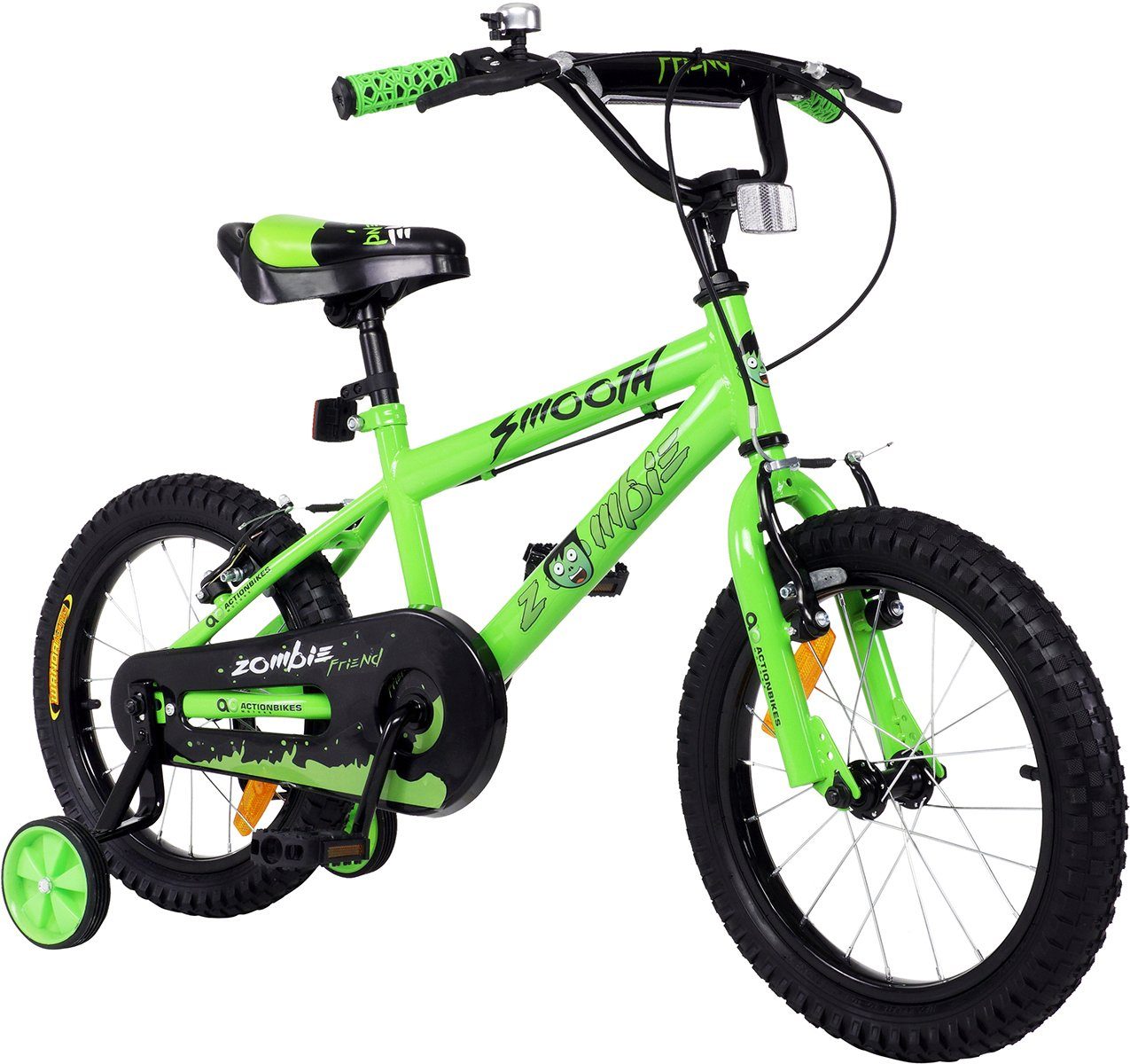 Actionbikes Motors Kinderfahrrad Mädchen & Jungen Kinder Fahrrad Zombie in Grün, 1 Gang, ohne Schaltung, (16 Zoll, ab 105 cm Körpergröße, max. Zuladung 40 kg, Stützräder, Reflektoren, Antirutschgriffe, Kettenschutz, 1-tlg., V-Brake-Bremsen, Luftbereifung, Haltegriff am Sattel), höhenverstellbares Bike Jungen Mädchen Rad Kinderrad ab 4 Jahre