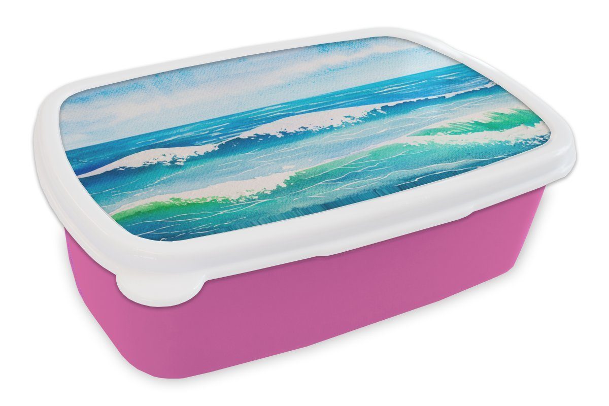 MuchoWow Lunchbox Aquarell - Golf - Meer, Kunststoff, (2-tlg), Brotbox für Erwachsene, Brotdose Kinder, Snackbox, Mädchen, Kunststoff rosa