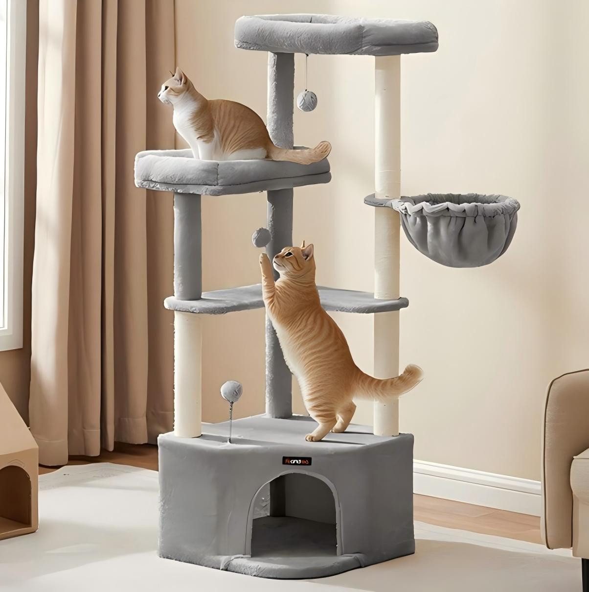FEANDREA Kratzbaum für Raumecke, Katzenbaum mit großer Kuschelhöhle, mehr Stabilität