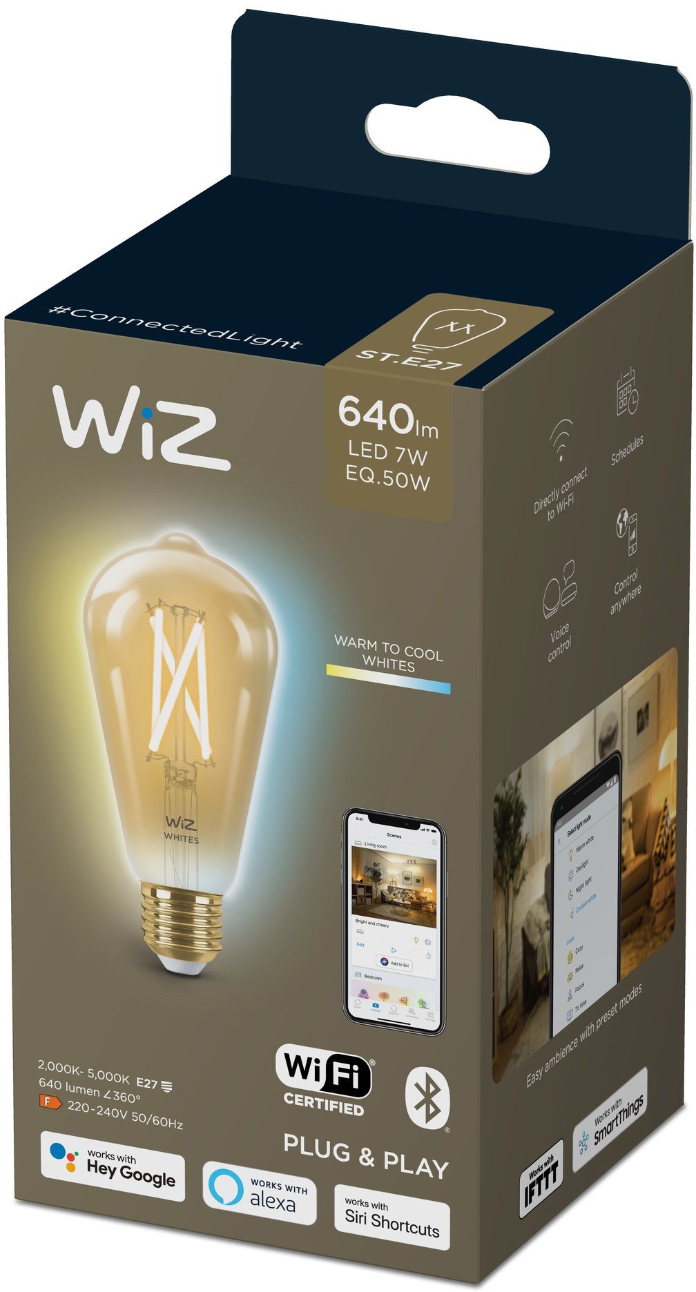WiZ LED-Filament Filament 50W E27 Edisonform Amber Einzelpack, E27, 1 St., Warmweiß, Wiz Tunable White Filament LED Lampen für klassisches Vintage-Design