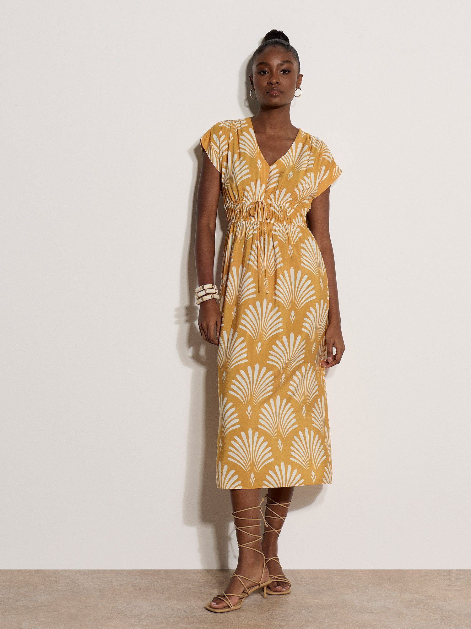 Apricot Midikleid Midaxi-Kleid mit Fächerprint mit Bindeband