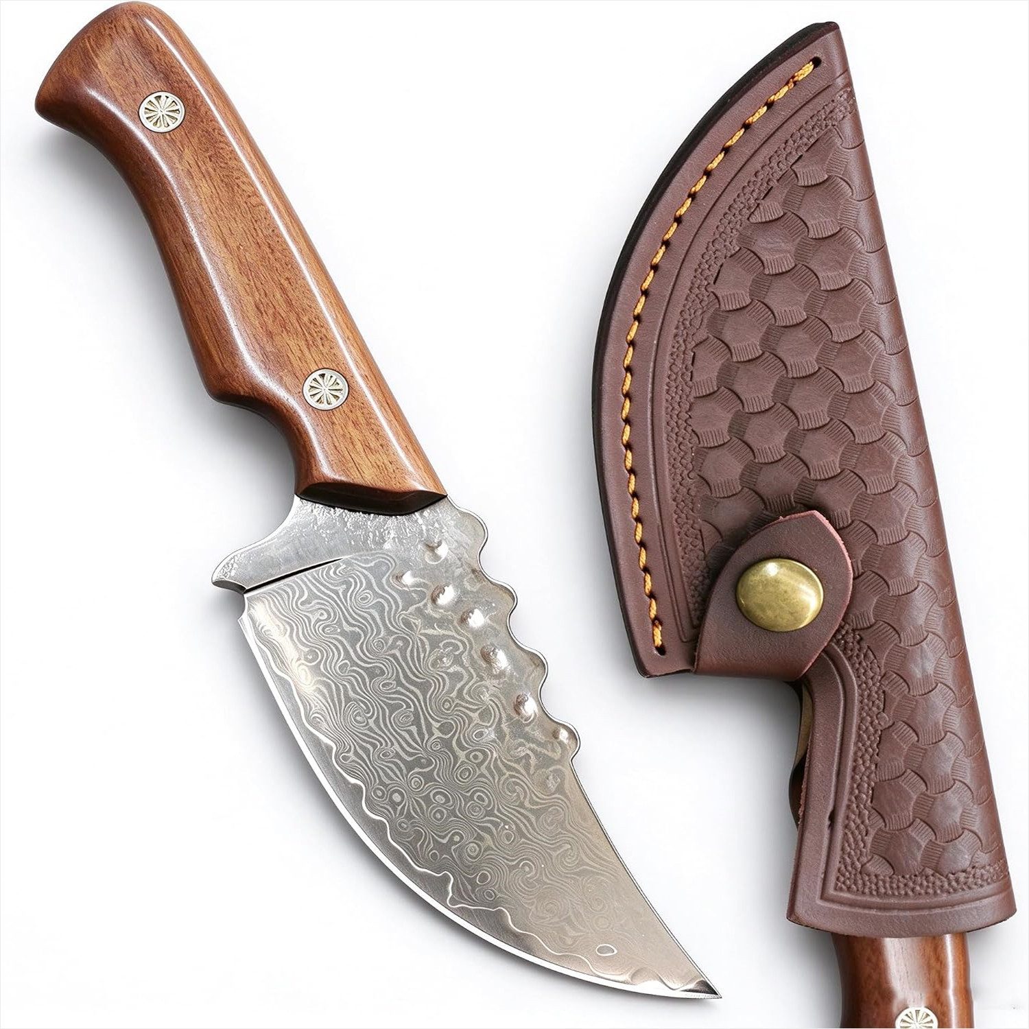 KingLux Damastmesser Damast Feststehend Jagdmesser Outdoor Camping Messer mit Lederscheide