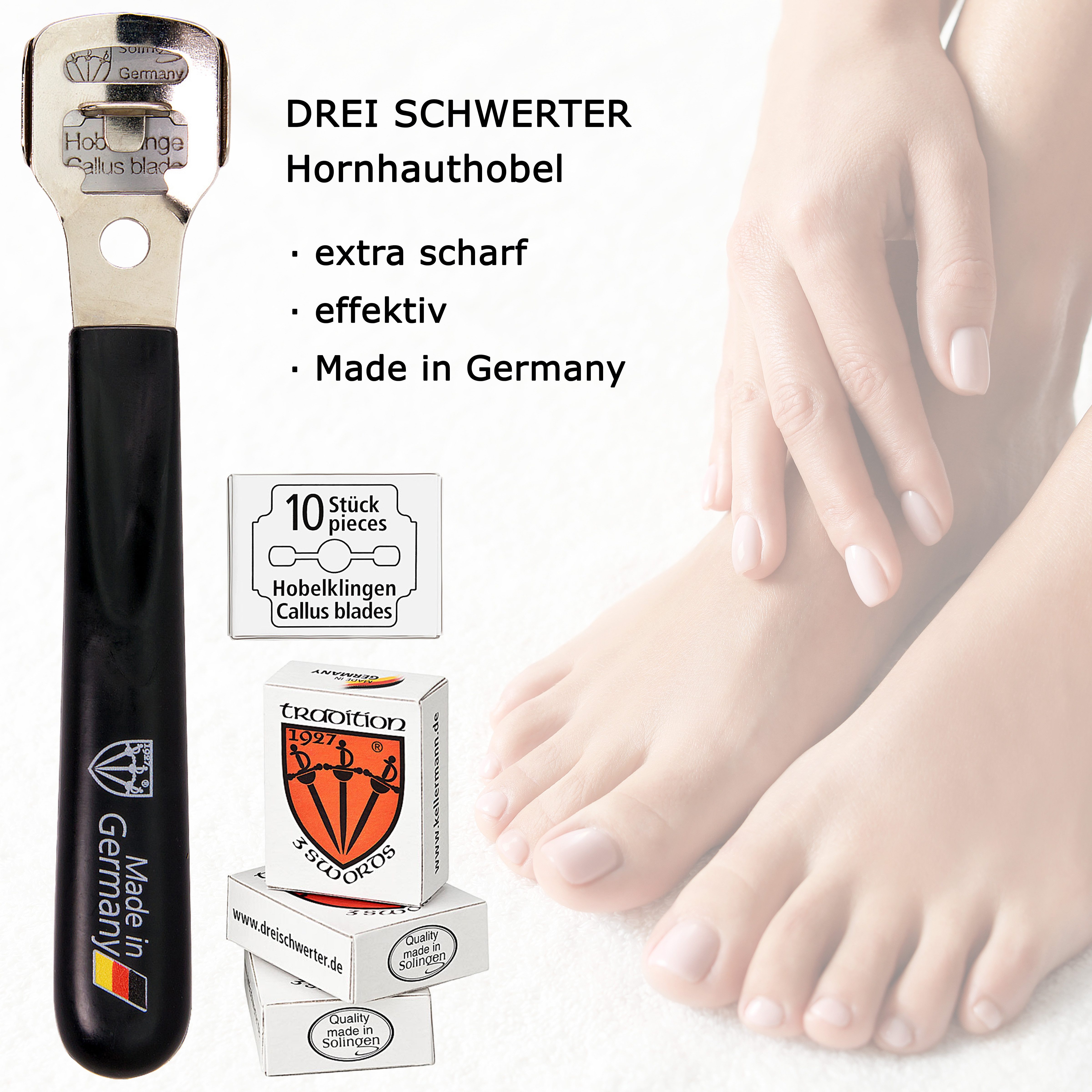 3 SCHWERTER Hornhautfeile Hochwertiges Pediküre Set zur Hornhautentfernung, 1-tlg., Hornhauthobel mit 40 Ersatzklingen (10x10), Made in Germany