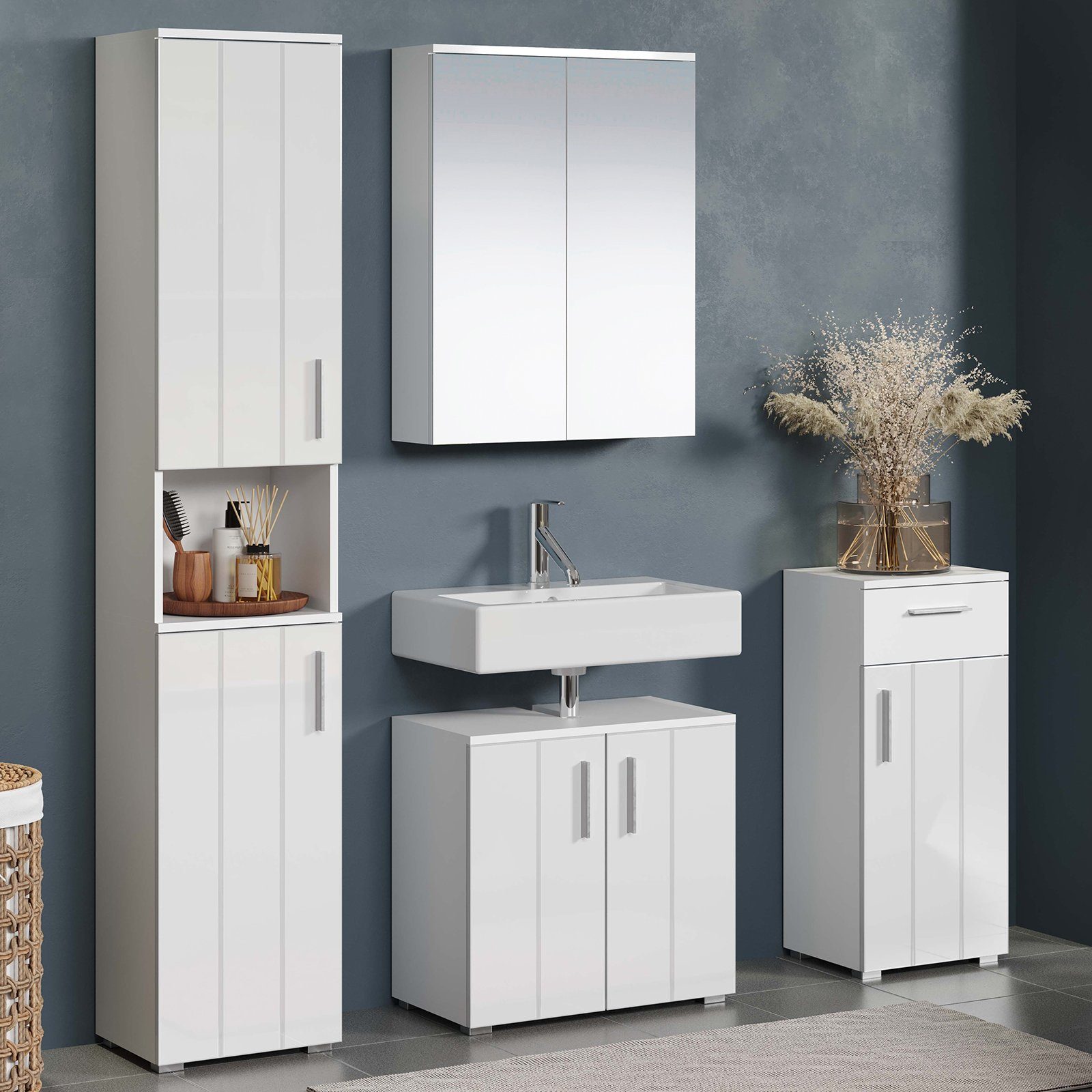 trendteam Badmöbel-Set Wons, Badezimmerset Badezimmerschrank Wandspiegel Badschrank Weiß