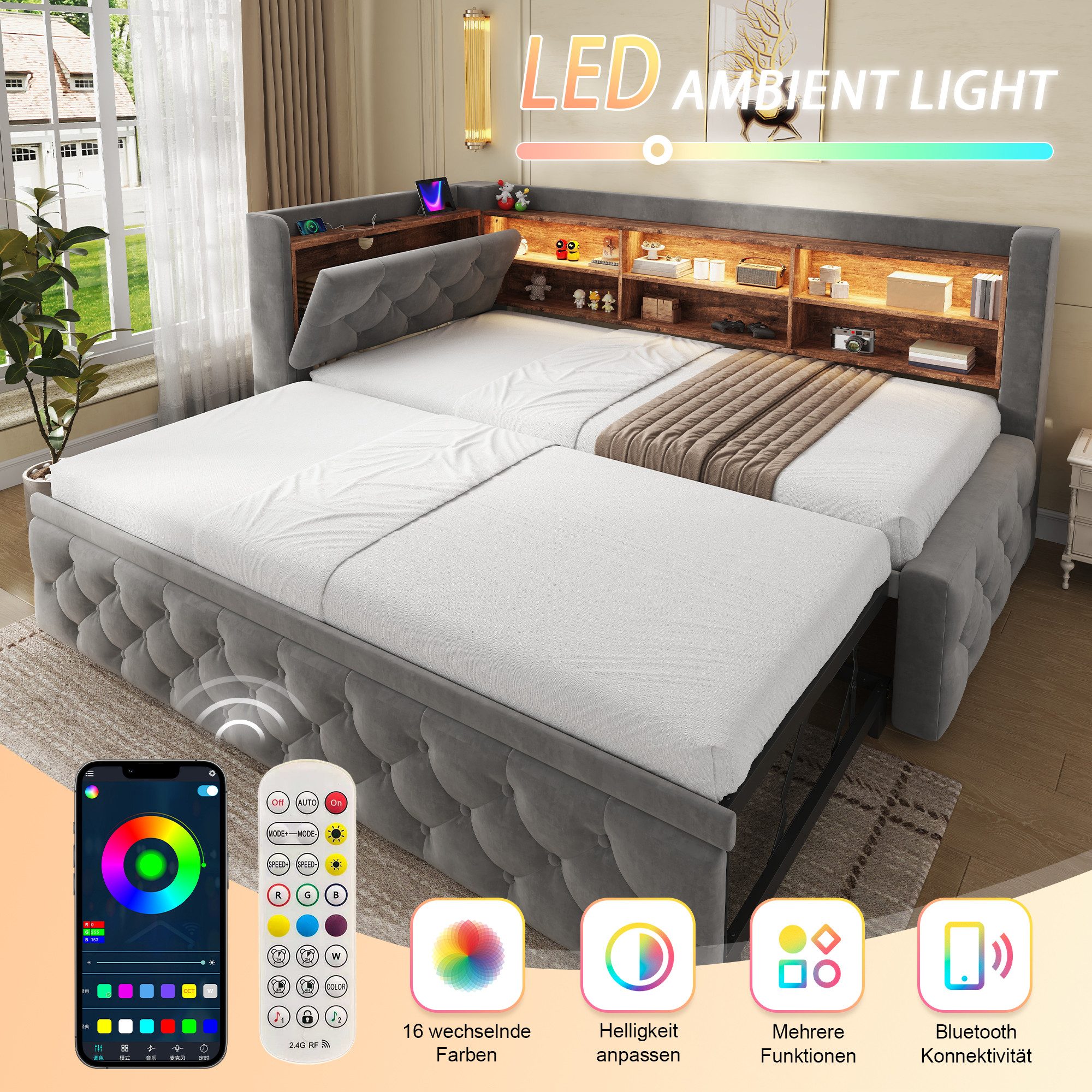 Celya Polsterbett 90x190 cm Schlafsofa Bettgestell ausziehbar, mit Stauraum (ohne Matratze, mit Ablagefläche, LED Licht, USB und Type-C) – Bild 5 von 5