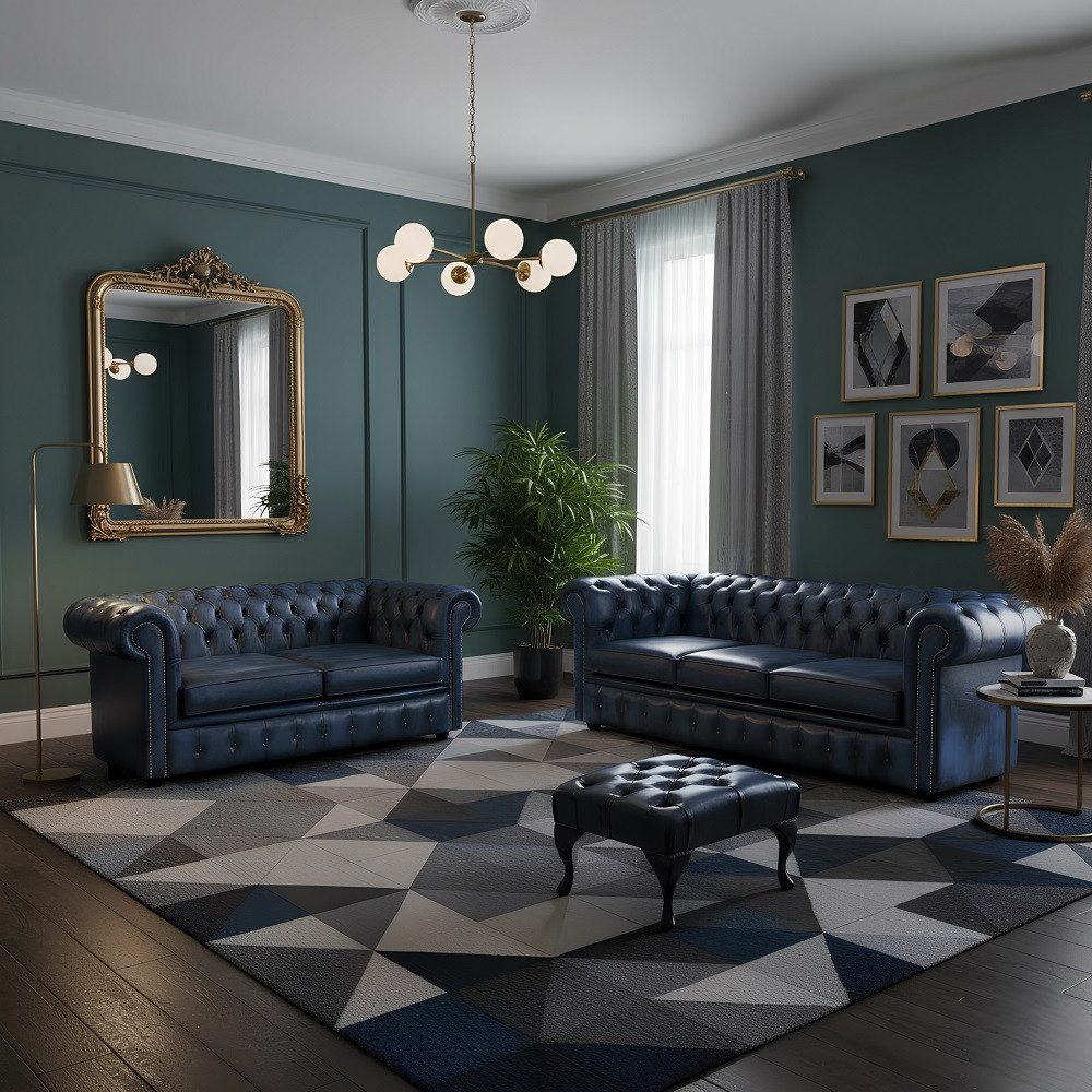 JVmoebel Chesterfield-Sofa Elegantes Sofa-Set in modernem Blau aus hochwertigem Kunstleder, 3 Teile, Made in Europa