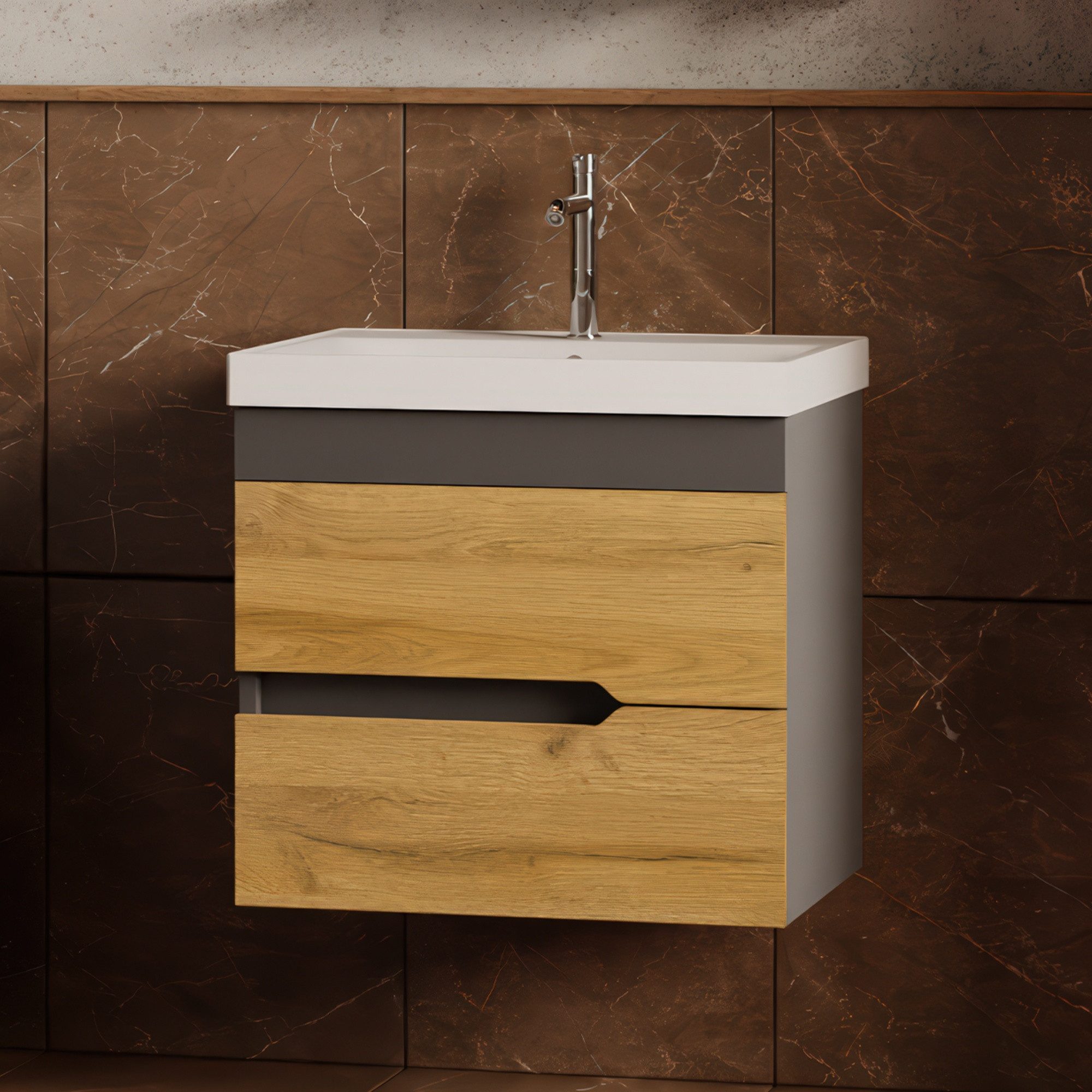 Karen Waschtisch-Set Waschtisch mit Unterschrank Marmara, (3-St., Unterschrank mit Schubladen, Keramikwaschbecken), Innovatives Design, MDF Lam, Softclose, Funktionalität