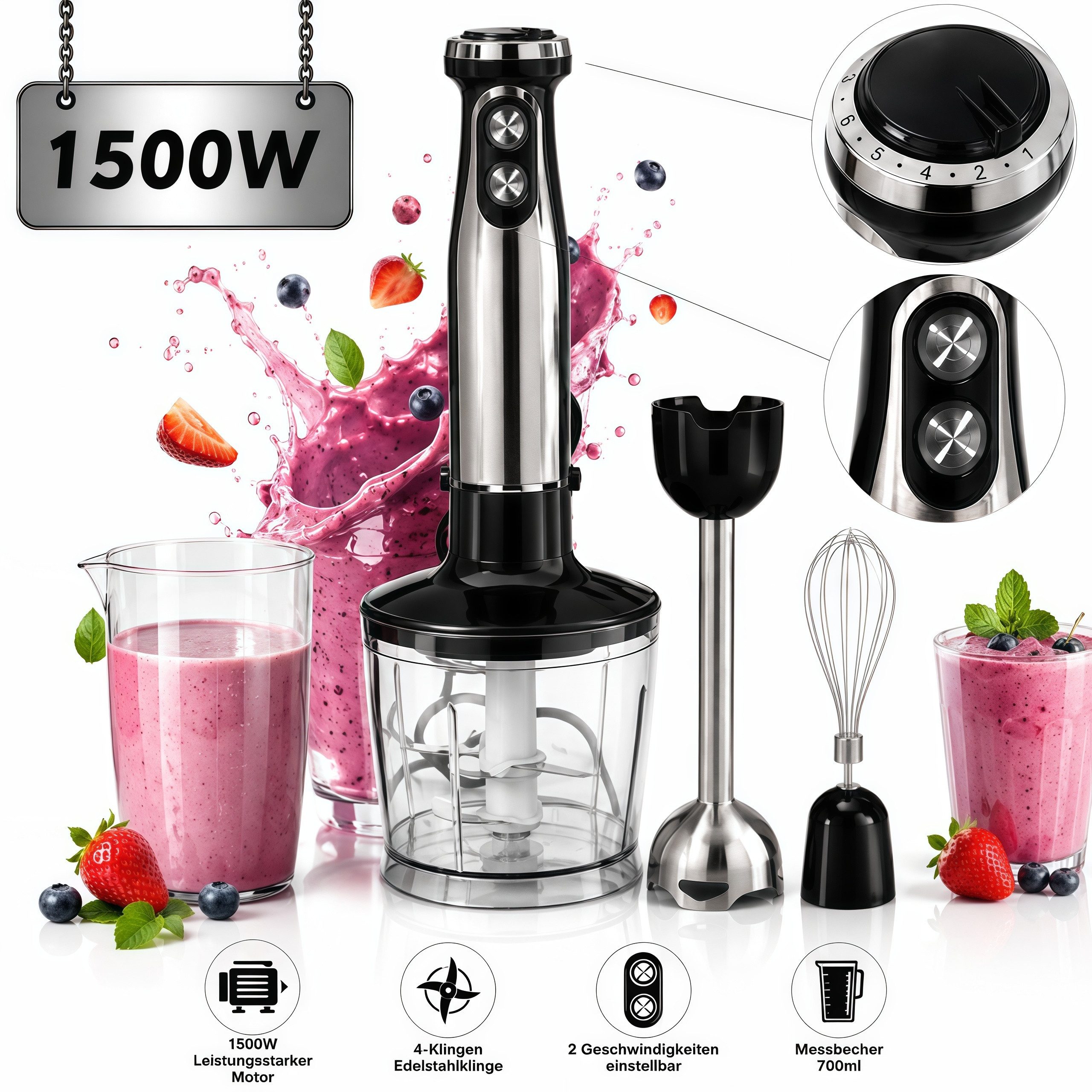 ibettertec Stabmixer 5-in-1 mixer Set,Edelstahl Pürierstab mit stufenloser Geschwindigkeit, 1500 W, Zerkleinerer, Schneebesen, Milchaufschäumer und Messbecher