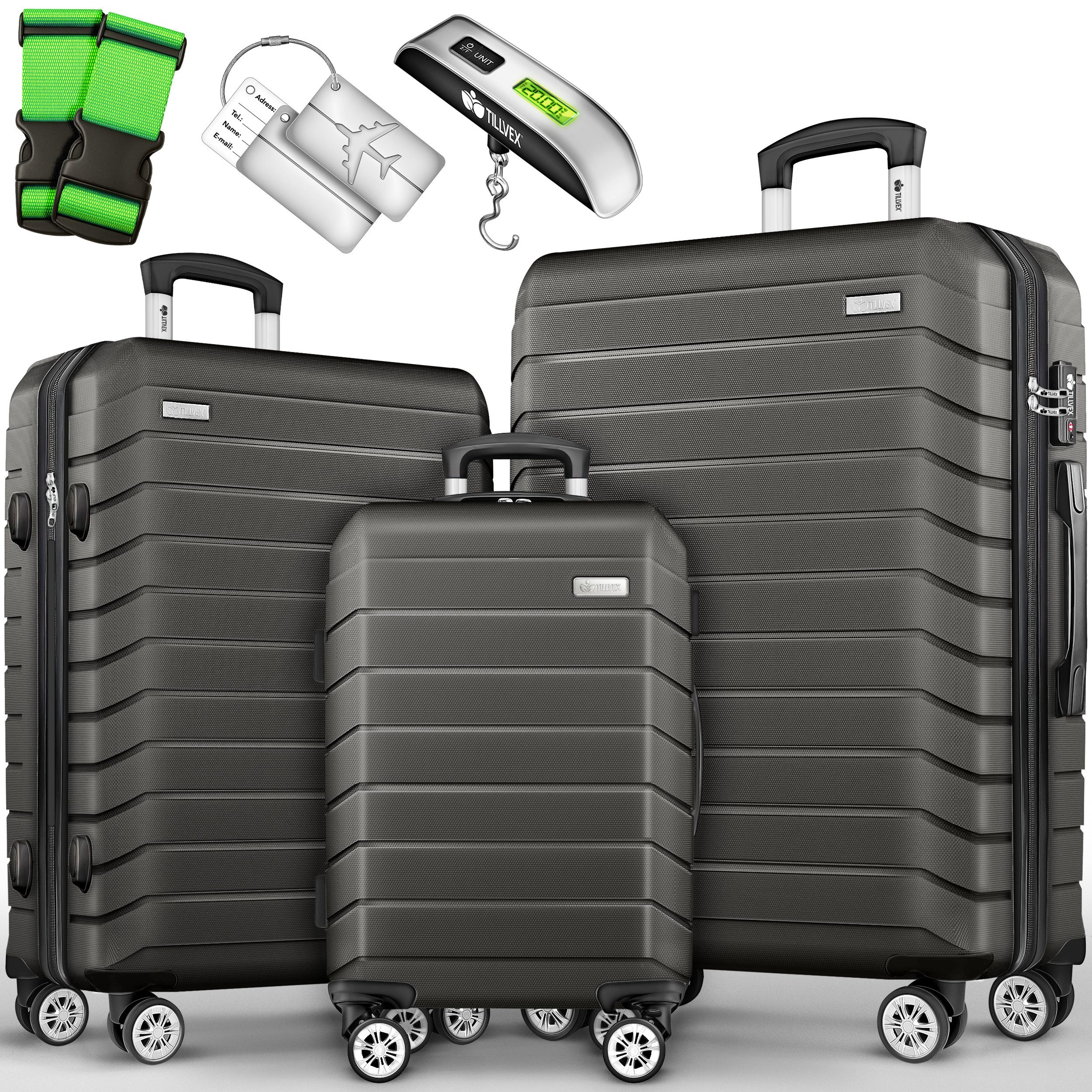 tillvex Trolleyset tillvex® Reisekoffer Set Koffer Hartschale Trolley Kofferset Tasche, (TSA Schloss Rollkoffer S-M-L-XL, 3 tlg., 4 Rollen Trolley Gepäck Koffer), Reisekoffer Set 3-TLG. + Gepäckwaage, 6X Gurte & 3X Anhänger Kofferset