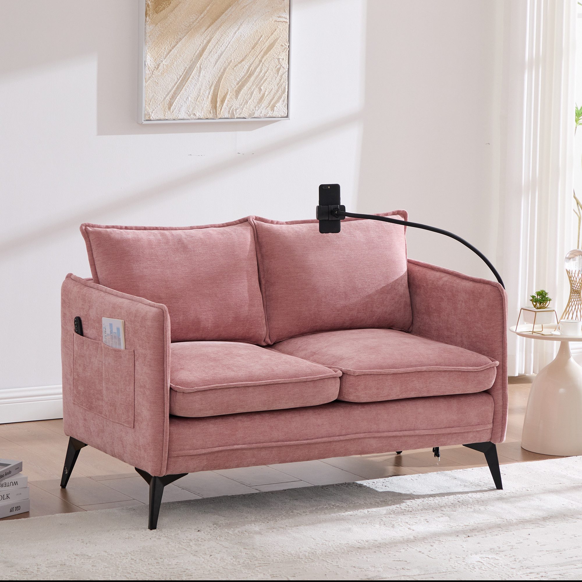 Totnz Sofa Zweisitzer Sofa mit Chenille Bezug, Handyhalterung, Seitenfächern, für Schlafzimmer, Wohnzimmer und kleine Räume