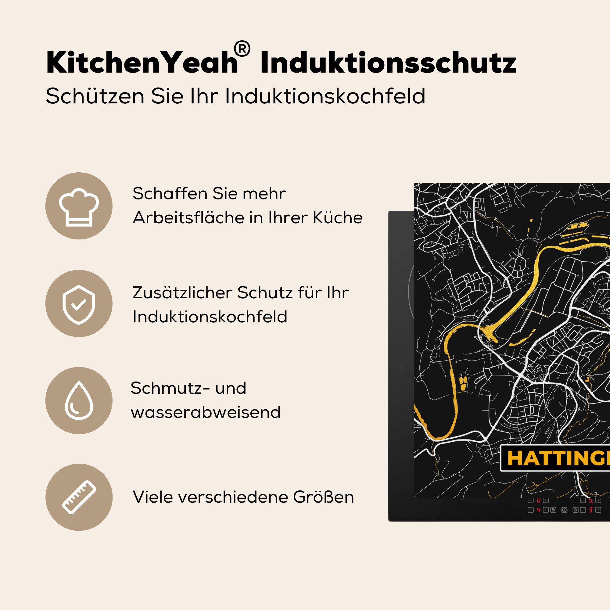 und Vinyl, cm, - für - 78x78 Stadtplan Hattingen MuchoWow Herdblende-/Abdeckplatte Ceranfeldabdeckung, (1 Deutschland Karte, Gold - tlg), Arbeitsplatte - küche Schwarz