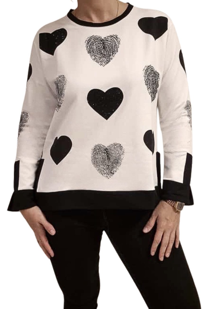 Estefania for woman Sweatshirt 193-7109, mit Herzen und Strassbesatz Kontrastsaum mit Seitenschitzen
