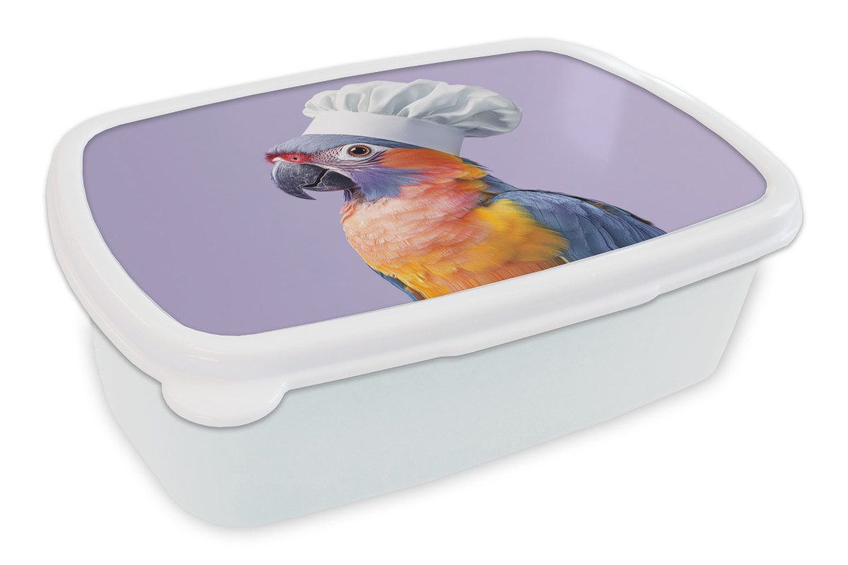 MuchoWow Lunchbox Papagei - Kochmütze - Lila - Süß, Kunststoff, (2-tlg), Brotdose Schule oder Arbeit, Brotbox für Kinder und Erwachsene
