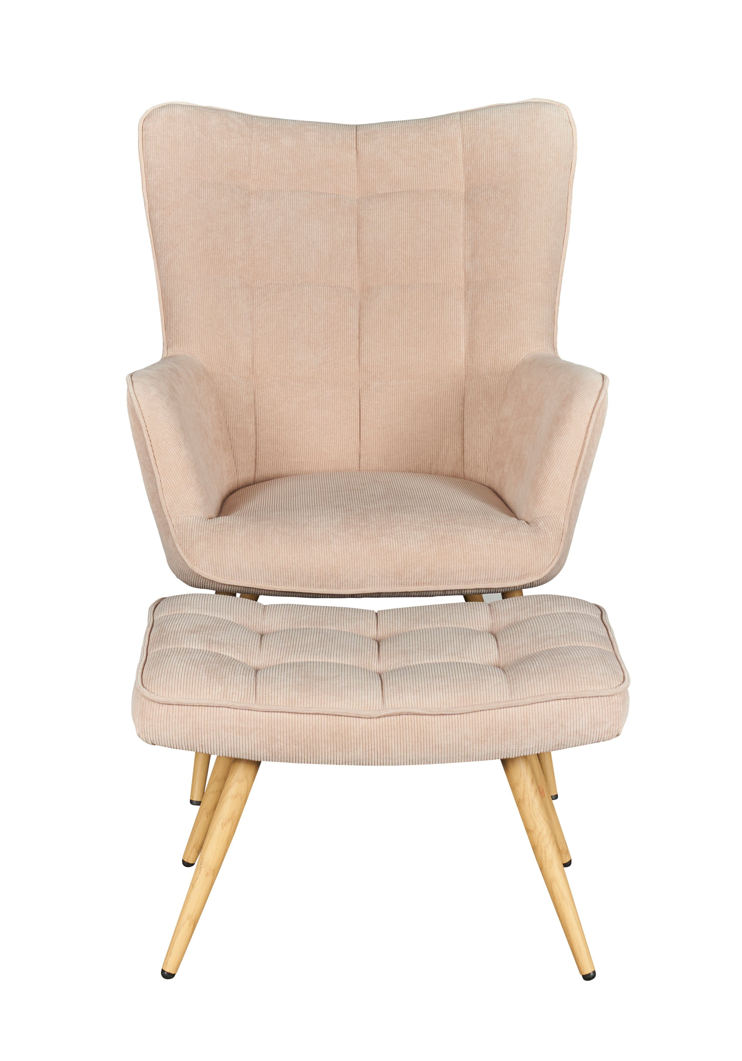 Sitzkomfort Karodesign, Esszimmersessel Umbera Ohrensessel Hocker, Holzgestell, robustes LC Relaxsessel gepolstert, Hocker), (Sessel+ Home Sessel Relaxsessel inkl. beige Samtbezug mit Hocker, Hocker im Ziersteppung Vintage ausgezeichneter mit