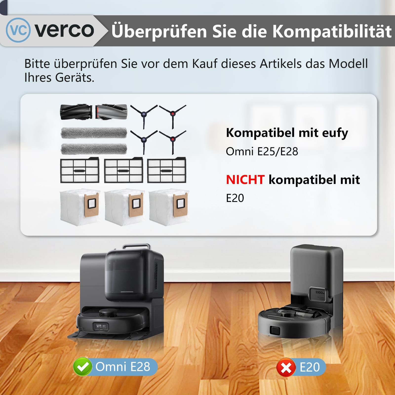 VERCO Reinigungsbürsten-Set Reinigungskit für Eufy, Omni E25 E28, (14-tlg), Ersatz Teile Set Wartungskit Filter Seitenbürste Zubehör Bürste