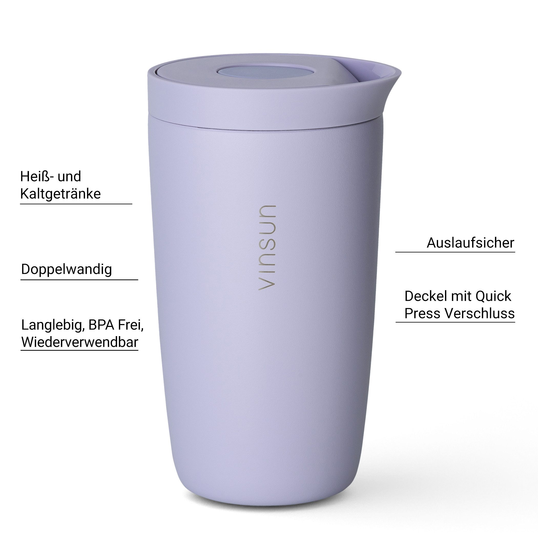 Vinsun Thermobecher Edelstahl Isolierbecher 350ml - Kaffeebecher to Go auslaufsicher, 2-tlg., Edelstahl, Doppelwandig, BPA frei, bruchfest, Einhandbedienung per Knopfdruck