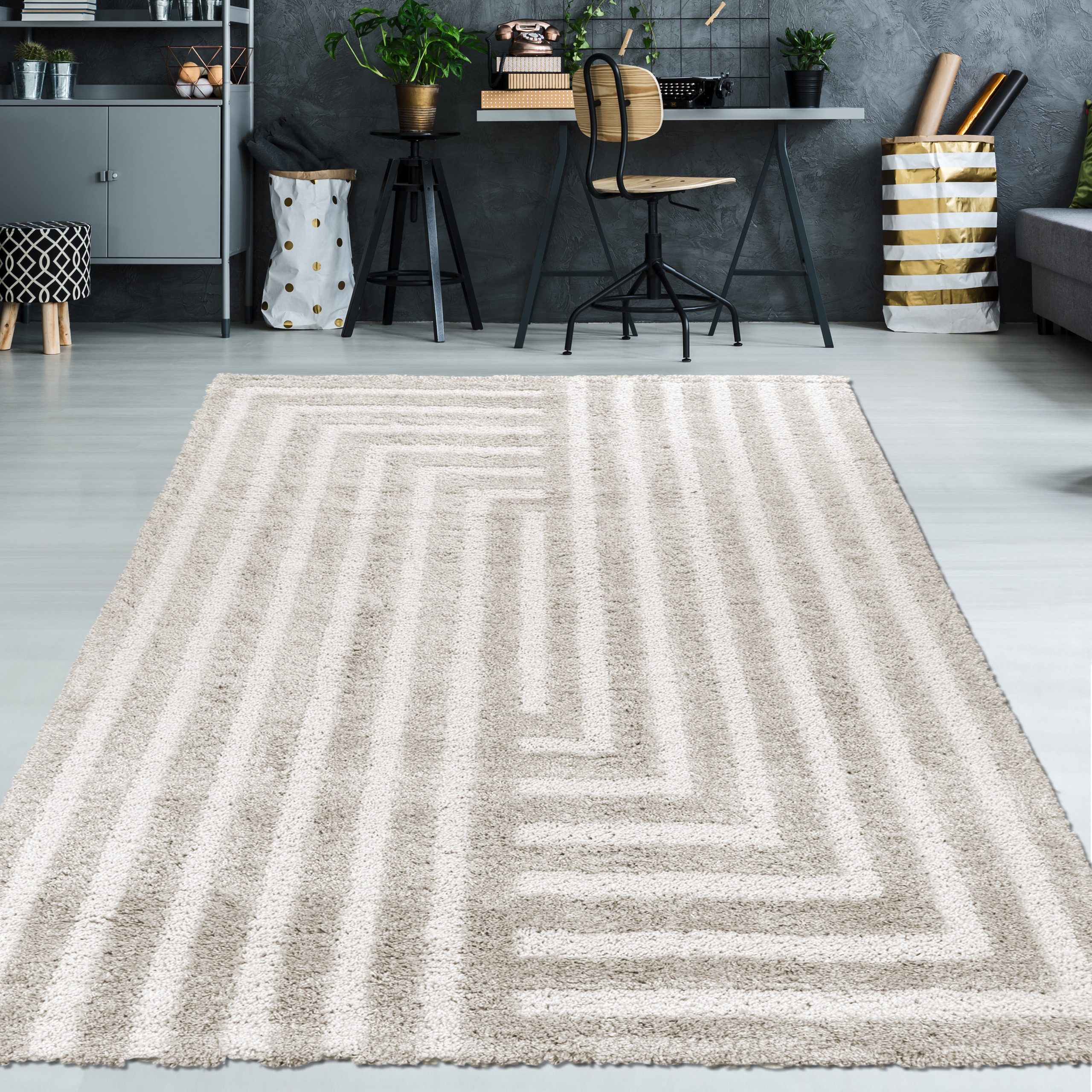 TeppichHome24 Teppich Flauschiger Hochflor-Teppich Modern mit Linien Muster in Beige, rechteckig