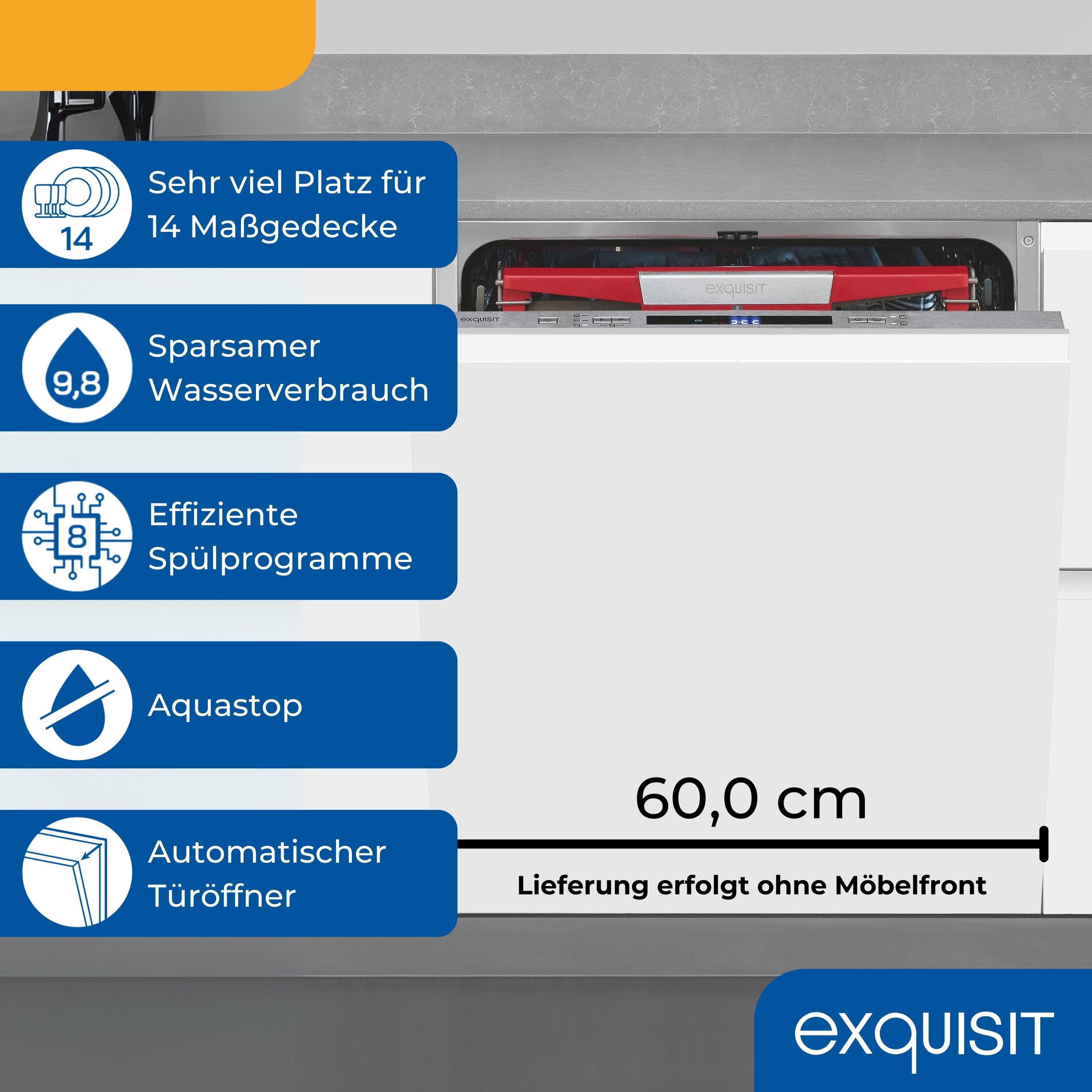 exquisit vollintegrierbarer Geschirrspüler 9614 EGSP9614-E-031B, 9,8 l, 14 Maßgedecke, AquaStop-Vollwasserschutz schützt vollständig vor Wasserschäden