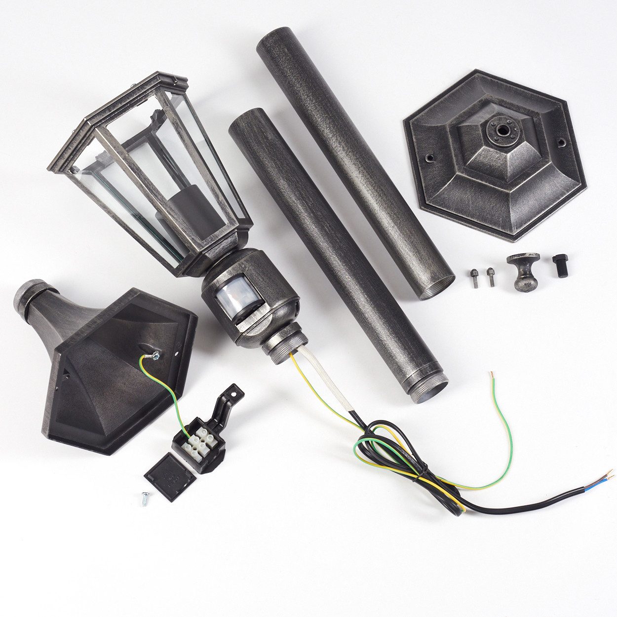 hofstein Pollerleuchte Wegeleuchte m. Bewegungsmelder aus Metall/Glas in Schwarz-Silber/Klar, ohne Leuchtmittel, antike Außenleuchte, Gartenlampe, Gartenbeleuchtung IP44, 1 x E27