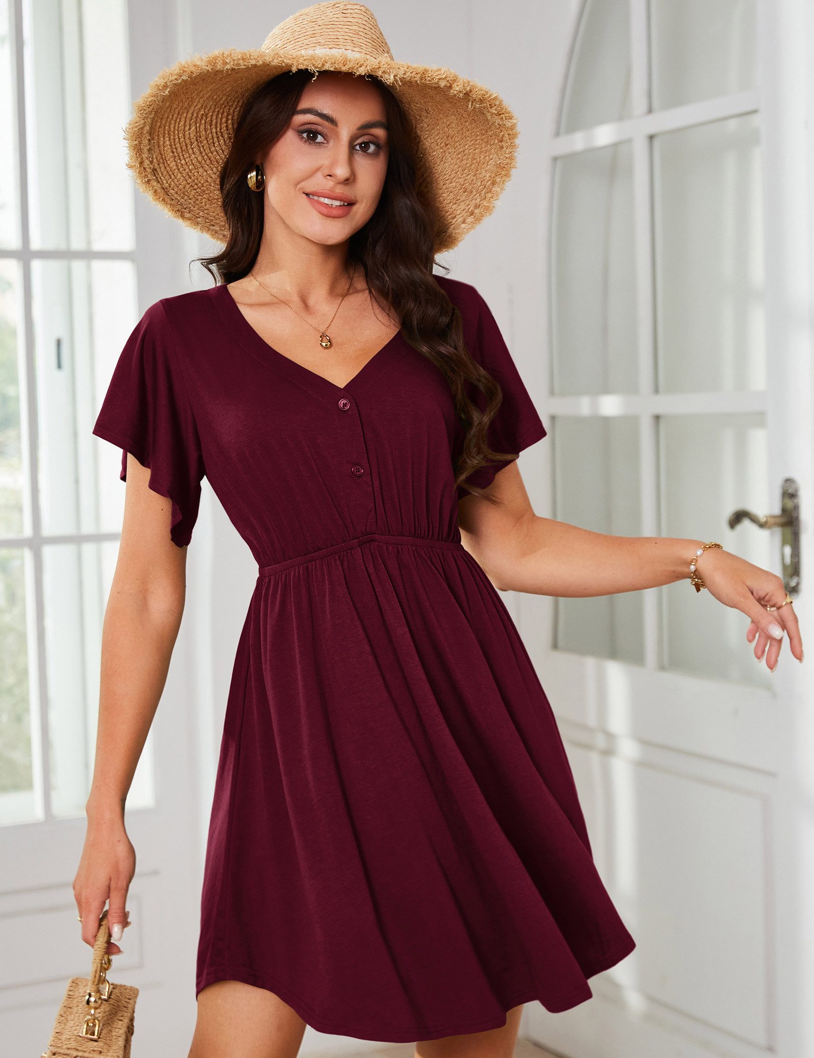Beluring Tunikakleid Damen Sommerkleid mit kurzen Ärmeln – lässig & vielseitig tragbar Luftiges Damenkleid mit V-Ausschnitt & Gummizug – elegant & bequem