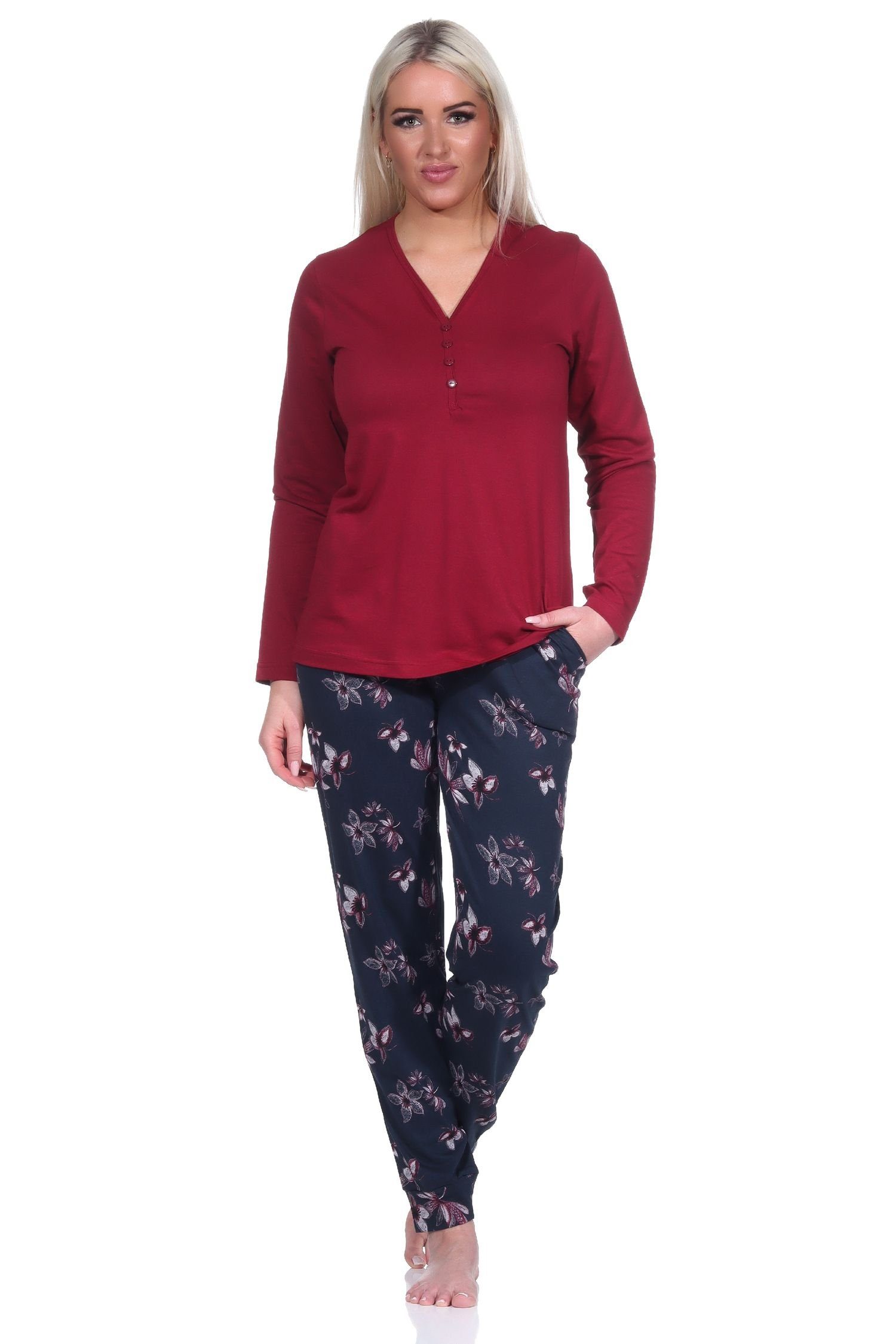 Damen auch rot Schlafanzug floralem Design Übergrößen langarm Normann in Pyjama - in