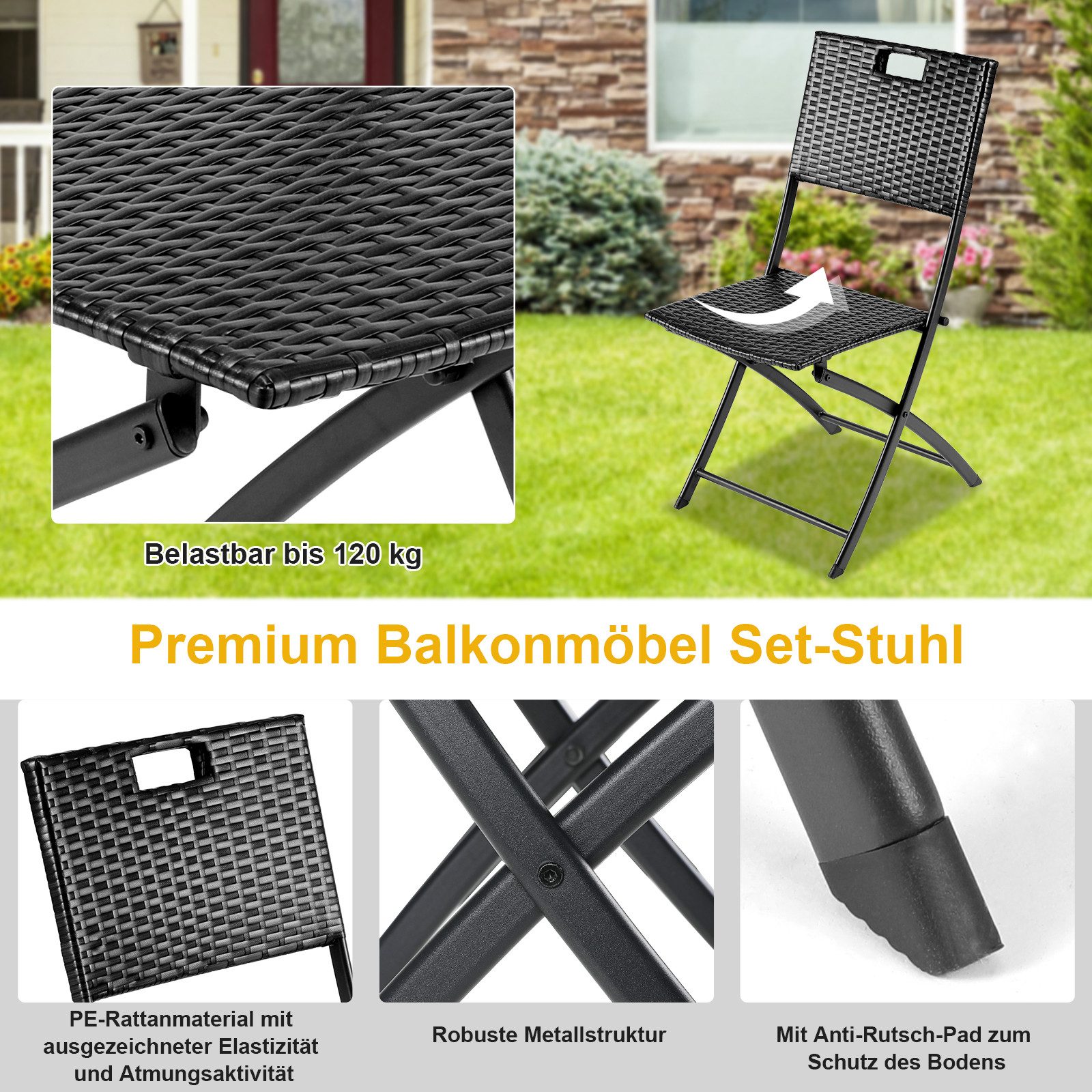 TLGREEN Balkonset 3-teiliges Rattan Gartenmöbel Set, (Hochwertiges PE-Rattan + Verstärkter Metallrahmen, Wetterfest & Pflegeleicht), Gartenmöbel Set Ideal für G – Bild 4 von 5
