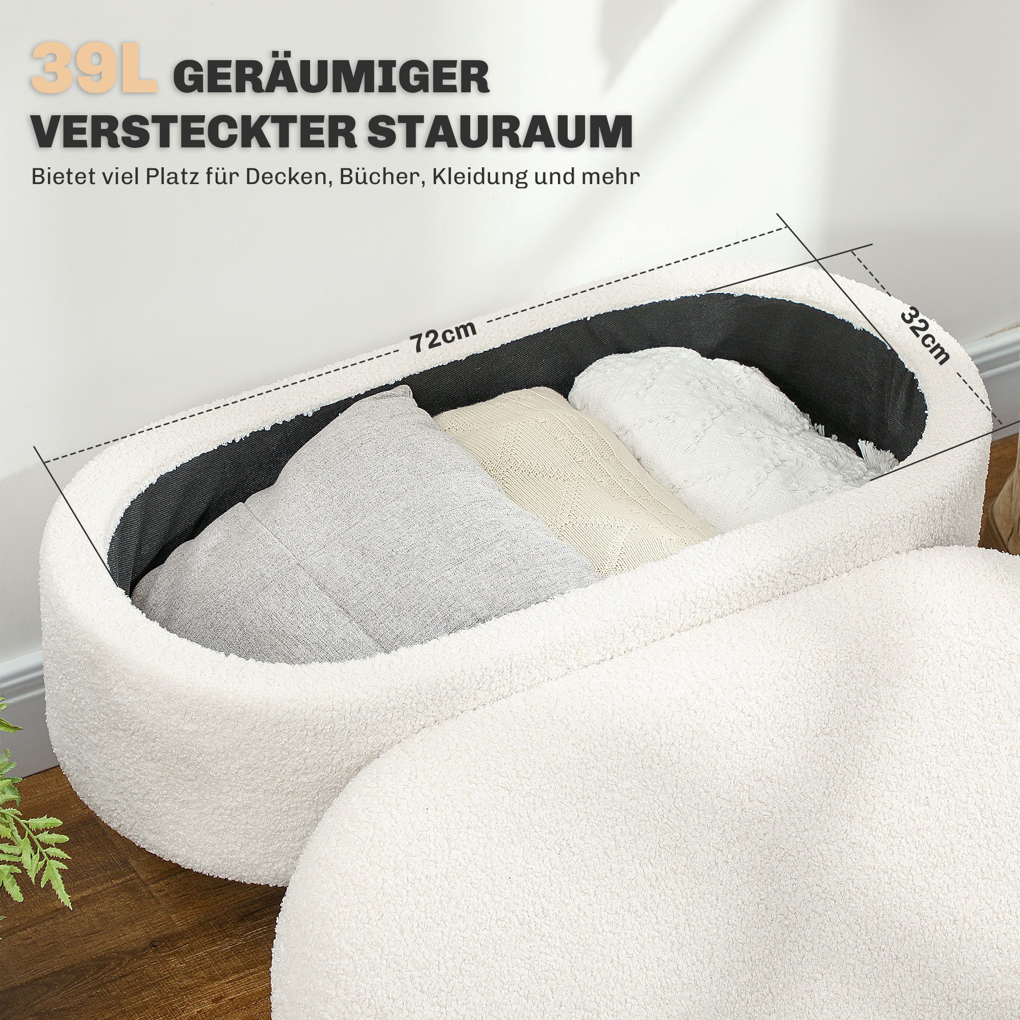 HOMCOM Sitzbank Polsterbank mit Teddysamtoptik, Bettbank mit Deckel, Holzbeine (Truhenbank, 1-St., Polsterbank), für Flur Schlafzimmer Wohnzimmer, Holzrahmen 82 – Bild 4 von 5