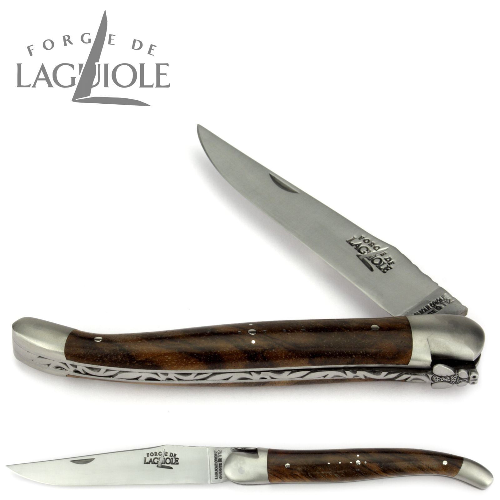 Forge de Laguiole Taschenmesser 1212 F IN NO SAT, "Collection" - Griff 12cm Nussbaum - Verzierte Feder - Stahl satiniert