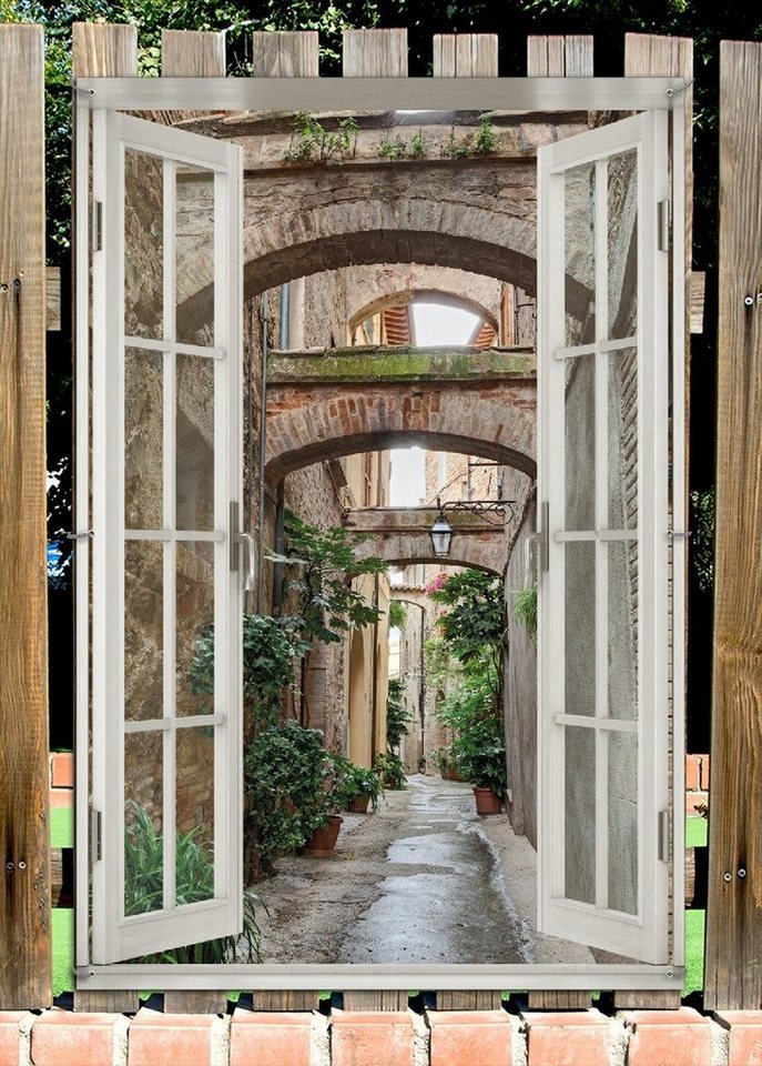 Thumbnail - Wallario Sichtschutzzaunmatten Grüne italienische Gasse - mit alten Bögen, mit Fenster-Illusion