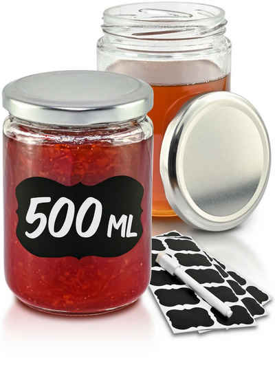 Praknu Einmachglas Praknu 12 Marmeladengläser 500 ml Silber, Glas, (Set, 12-tlg), Konservieren