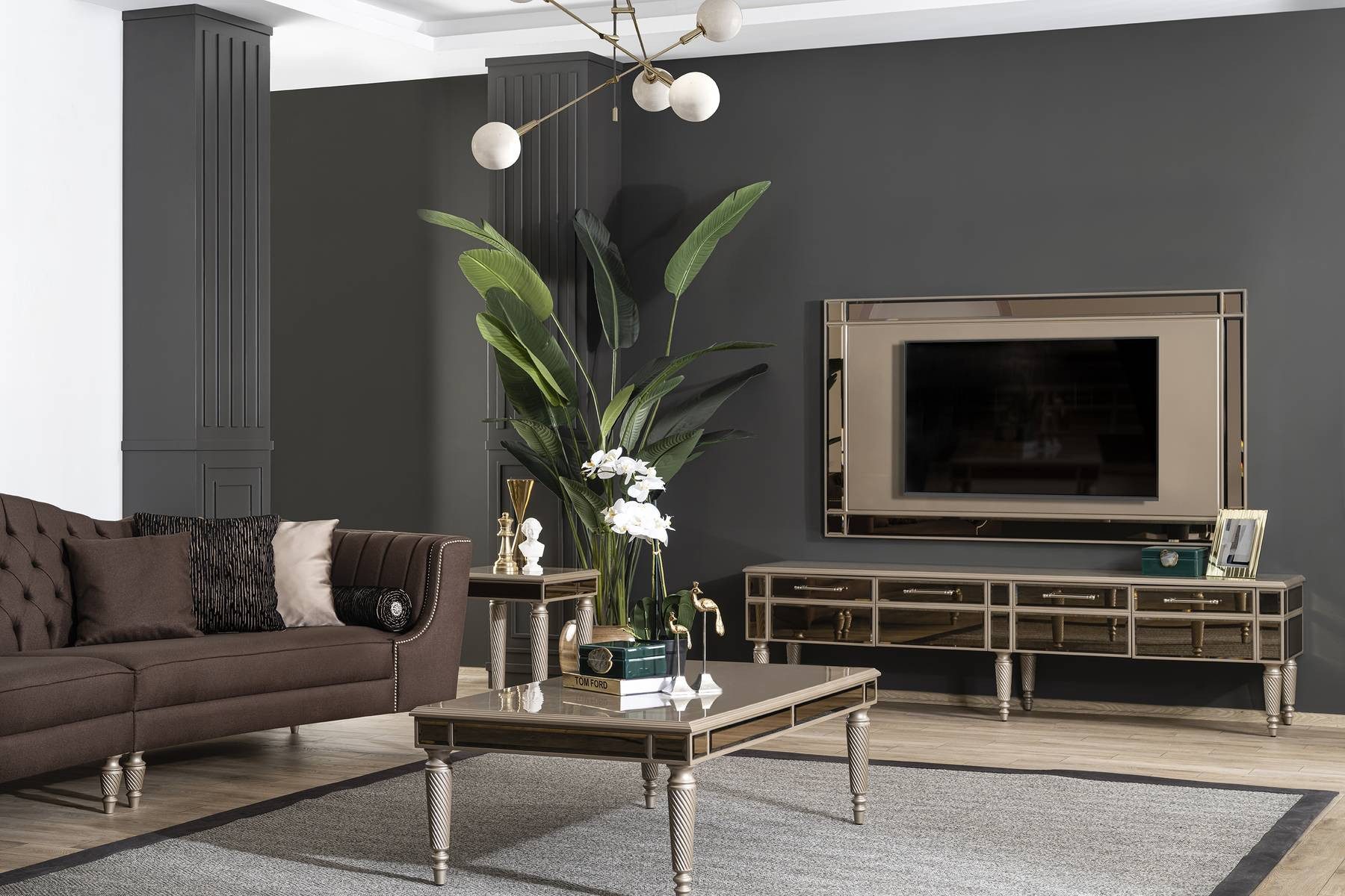 JVmoebel TV-Wand Elegantes Goldenes Designer Sideboard für das Wohnzimmer 2-teilig, (2-St., 1x Lowboard + 1x TV Rahmen), Made in Europa