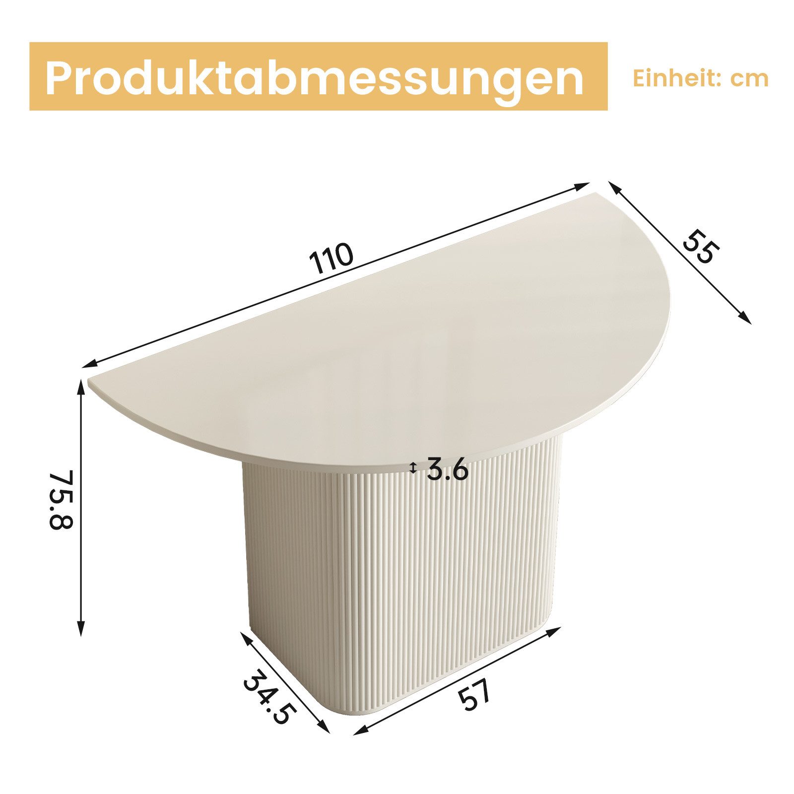 Guyii Konsolentisch halbrunder Tisch aus MDF, Cremeweißer Wandtisch für Eingangsbereich (1-St), multifunktional als kleiner Esstisch, 110 x 55 x 75,8cm