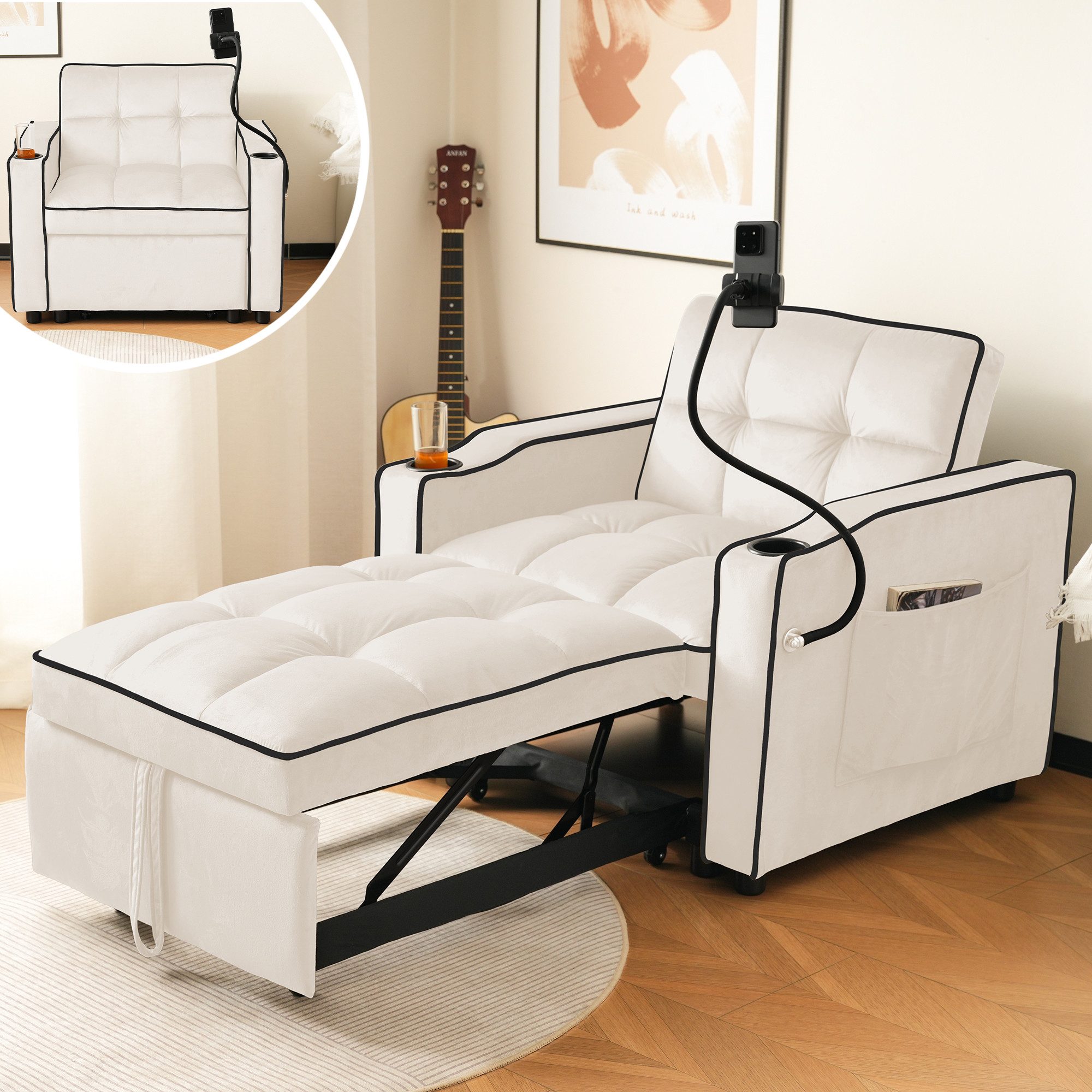 Merax Schlafsofa mit 3-in-1 Bettfunktion, 1 Teile, Loungesessel mit Getränke- & Handyhalter, Ausziehbares Sofa Liegestuhl