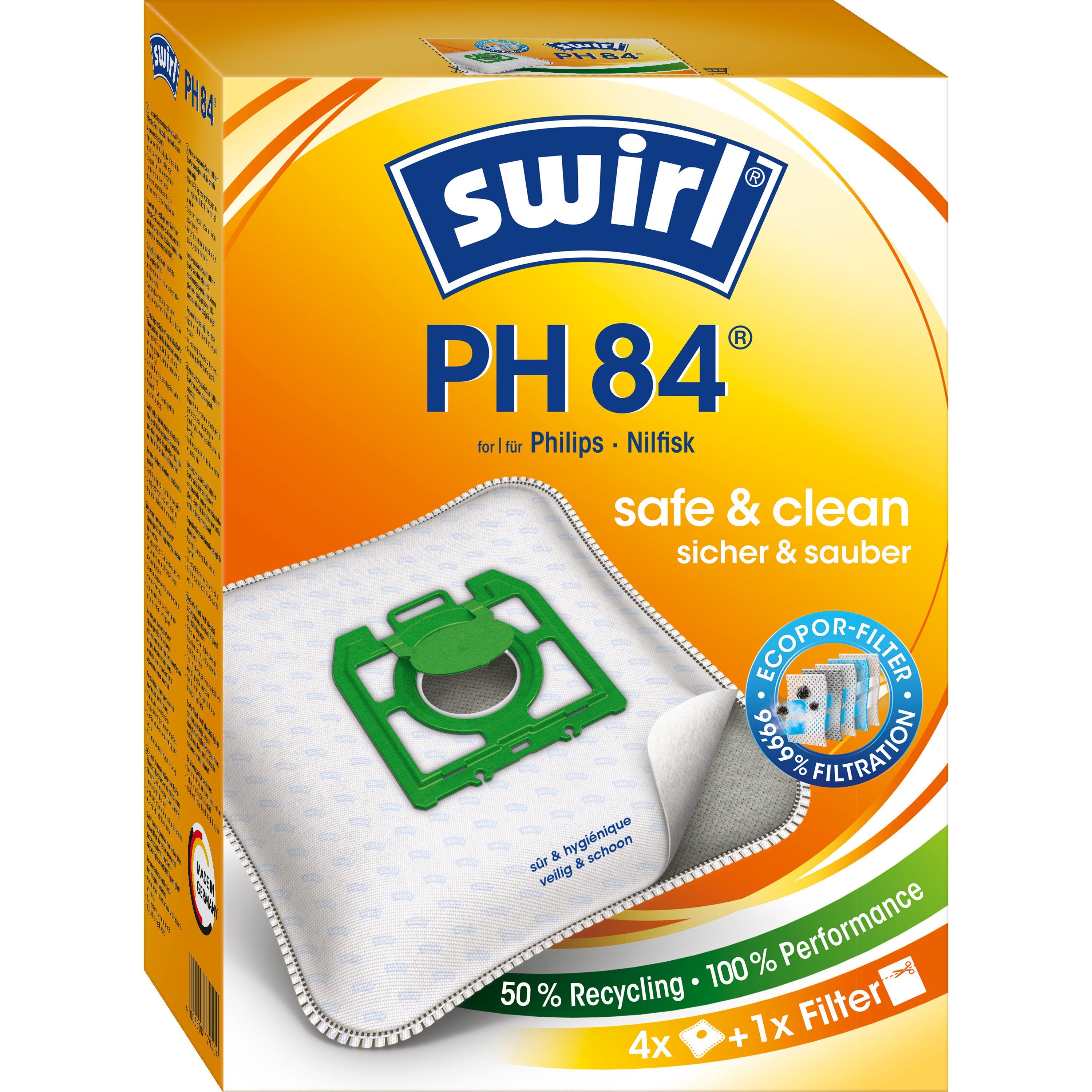 Swirl Staubsaugerbeutel Swirl PH84 PH 84, passend für Philips Karstadt Nilfisk Staubsauger, inkl. 1 Filter - zuschneidbar, 4 St., Optimale Passform, EcoPor Qualität für lange Nutzungsdauer
