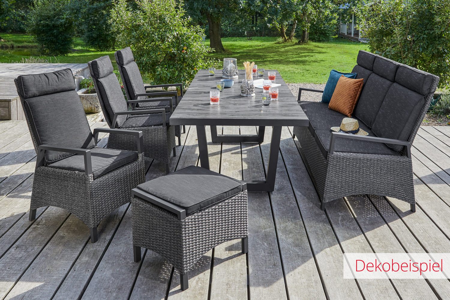 dasmöbelwerk Gartenlounge-Hocker Hocker Fußbank Nizza Grau-Mix Rattanoptik Garten wetterfest
